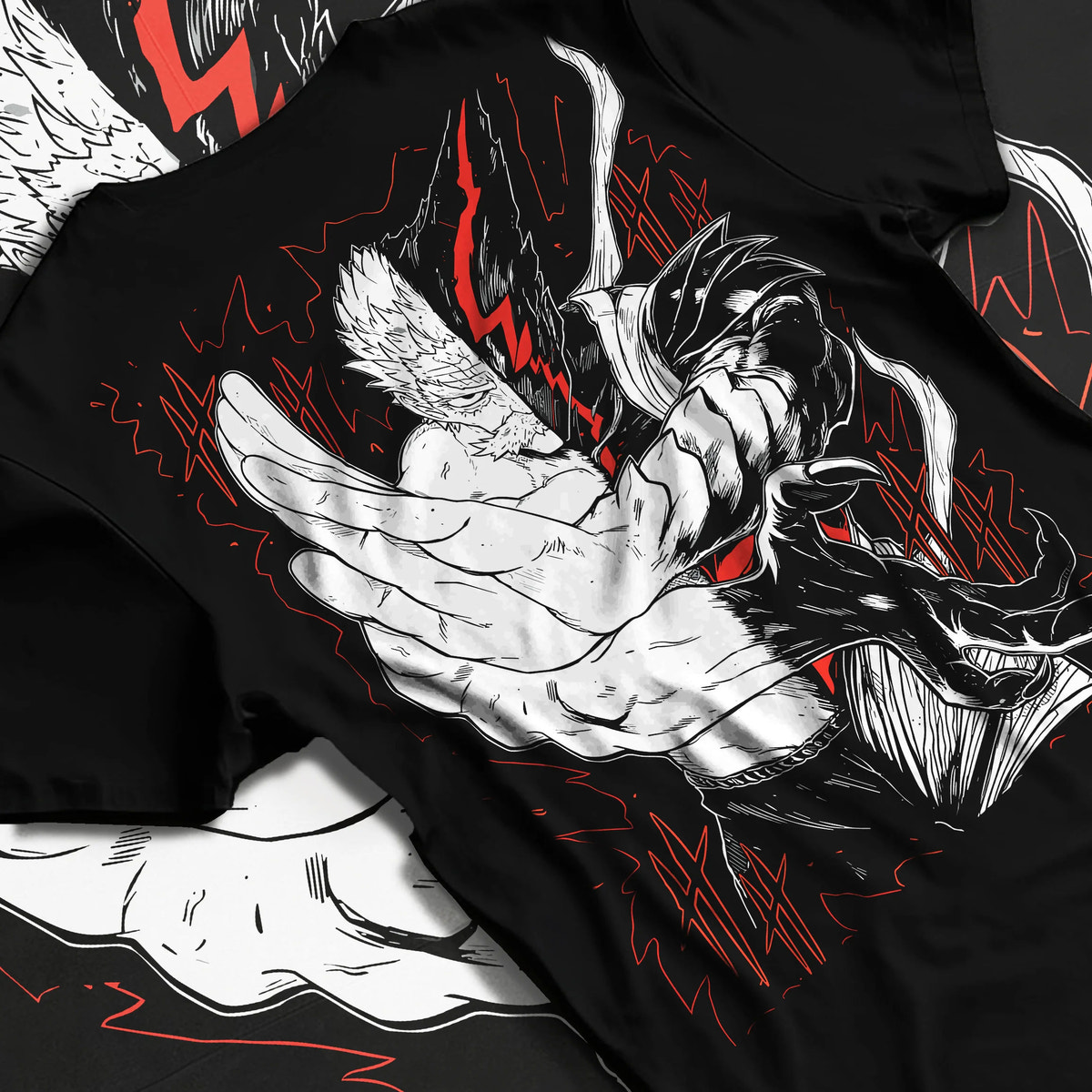 Black T-shirt flat back view showing Garou and Bang from One Punch Man: Silver Fang
