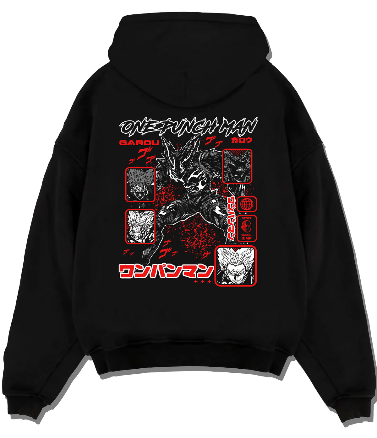 Black hoodie flat back view showing Garou from One Punch Man: monster forms montage