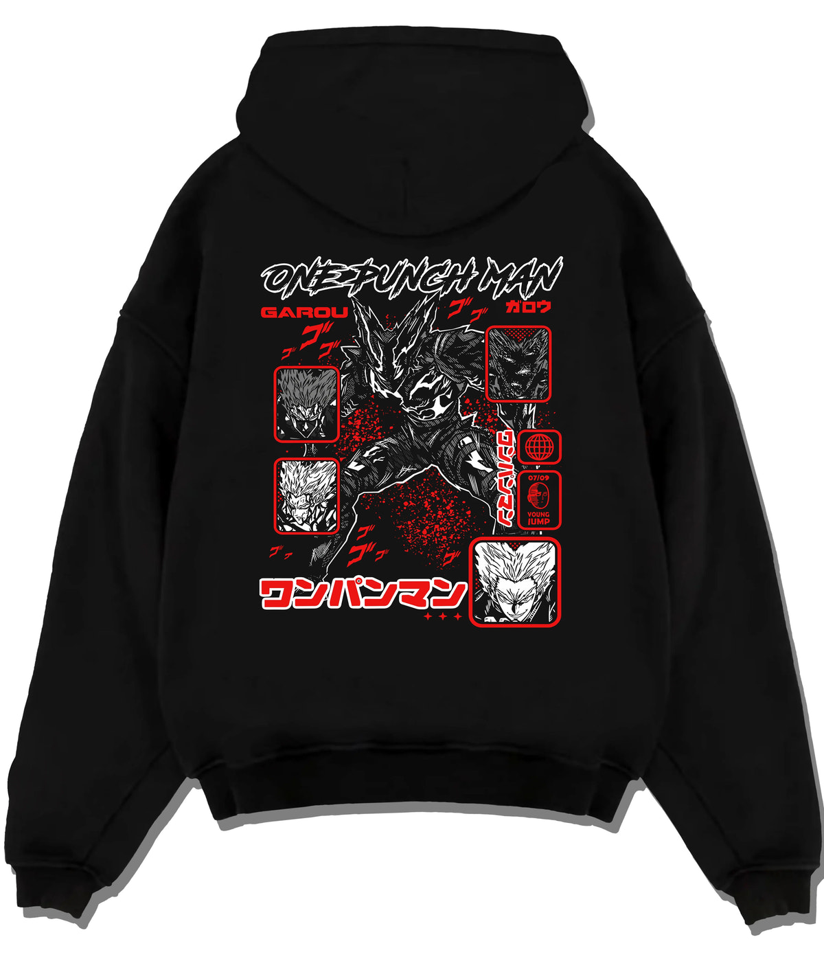 Black hoodie flat back view showing Garou from One Punch Man: monster forms montage