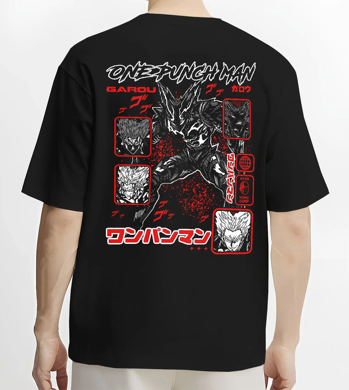 Black T-shirt model back view showing Garou from One Punch Man: monster forms montage