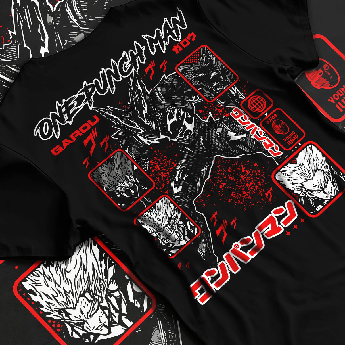 Black T-shirt flat back view showing Garou from One Punch Man: monster forms montage
