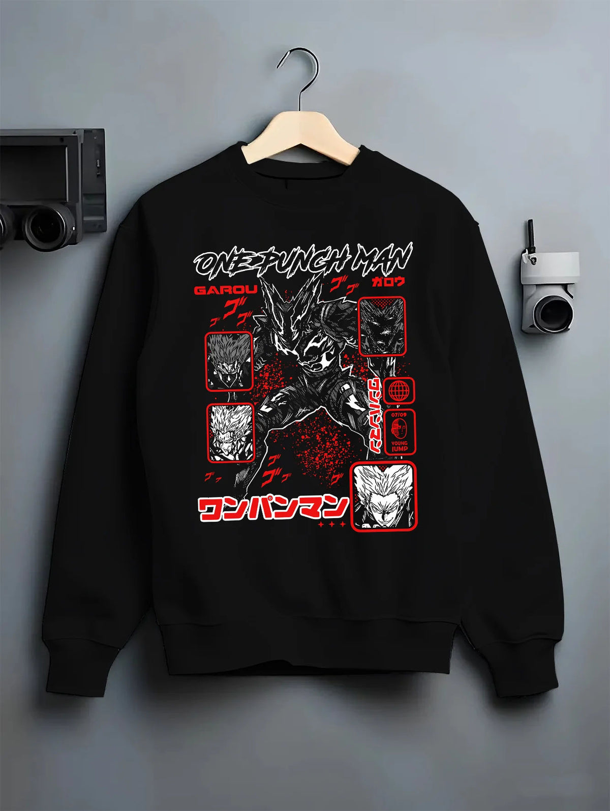 Black crewneck sweatshirt on hanger showing Garou from One Punch Man: monster forms montage