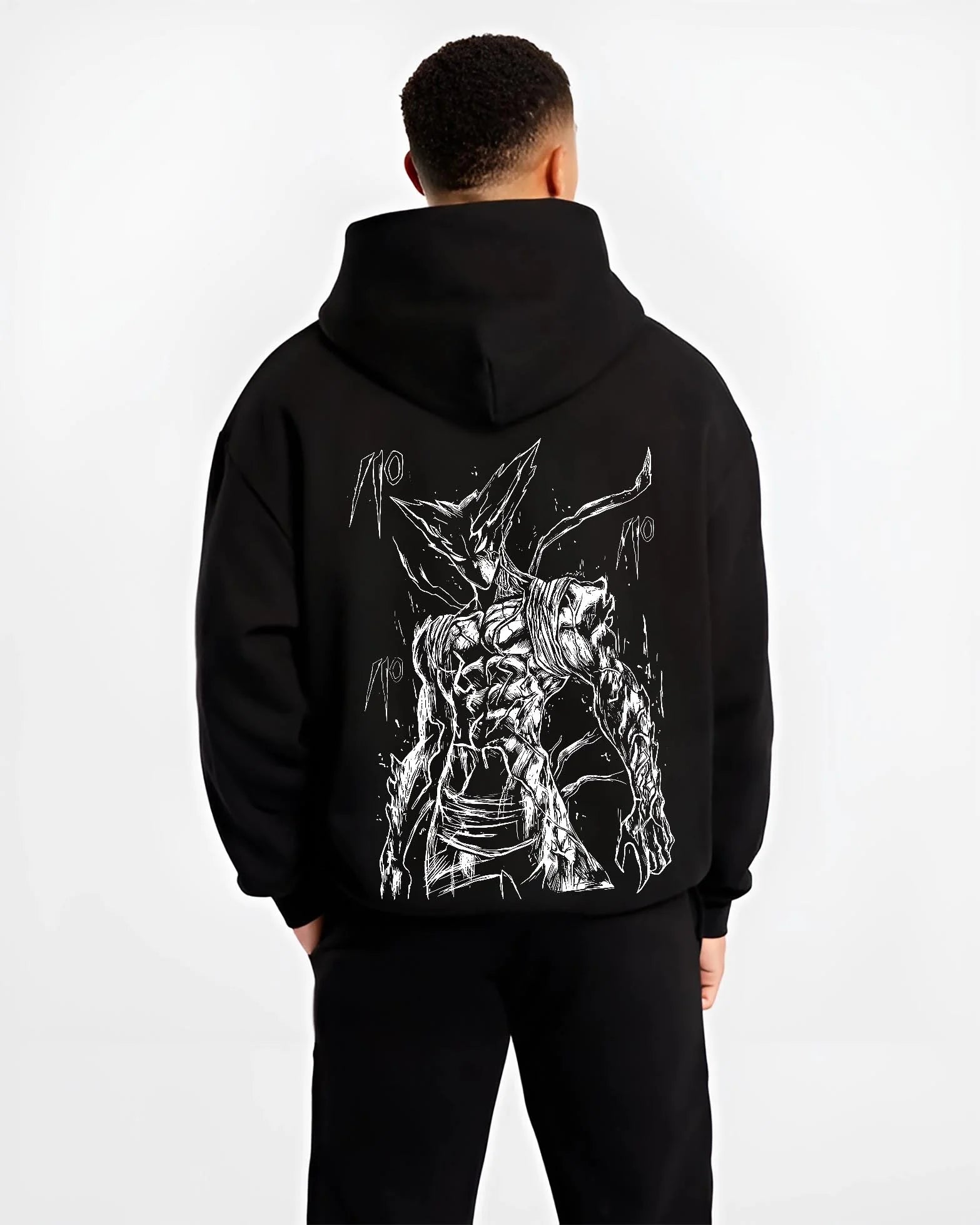 Black hoodie worn by male model, back view with Bleach Hoodie Hollow Ichigo Silver Form Jumper graphic streetwear graphic.
