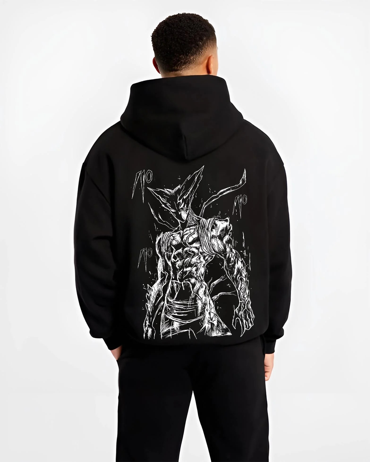Black hoodie worn by male model, back view with Bleach Hoodie Hollow Ichigo Silver Form Jumper graphic streetwear graphic.