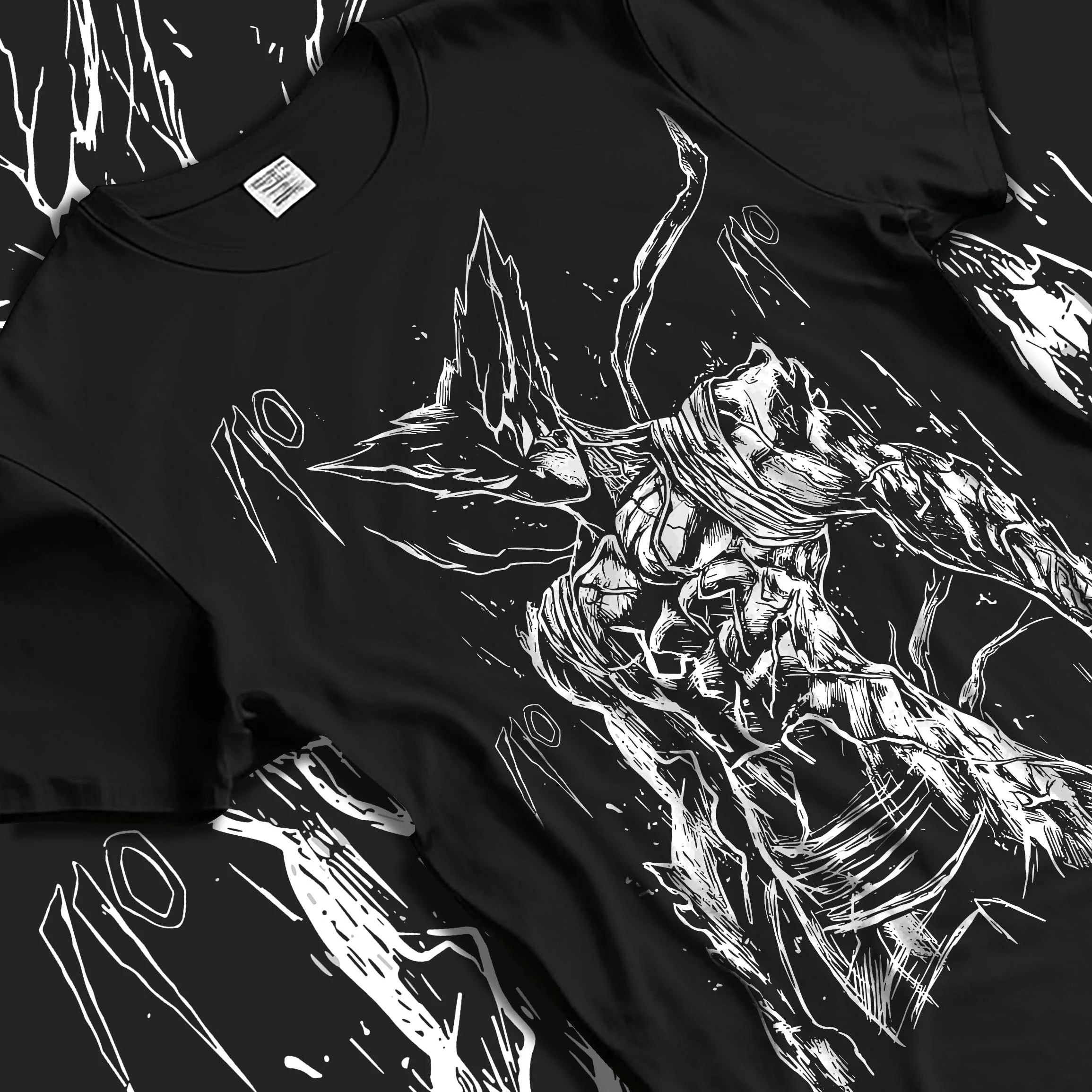 Black T-shirt laid flat with natural folds with Bleach Hoodie Hollow Ichigo Silver Form Jumper graphic premium wear.