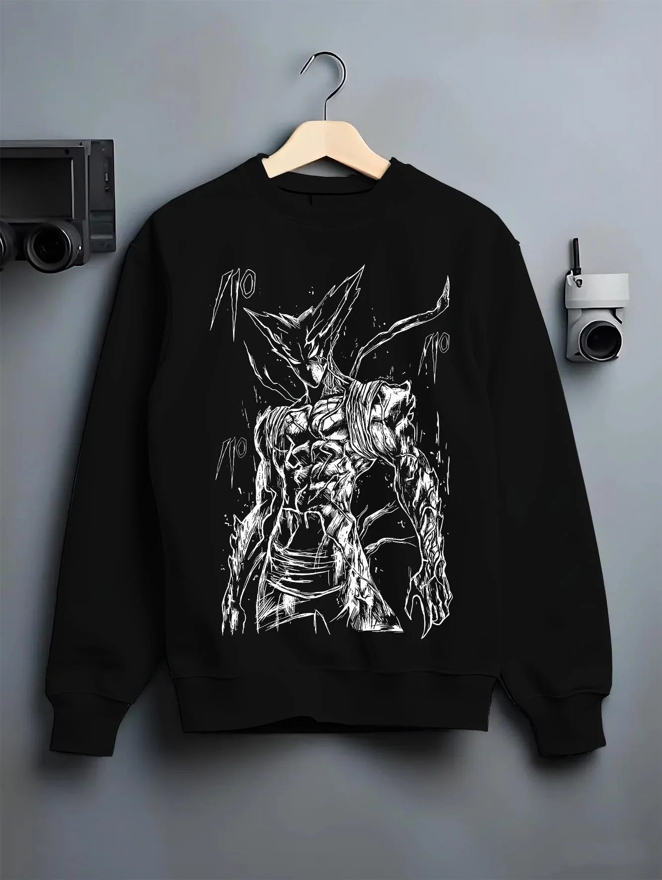 Black crewneck sweatshirt on hanger with Bleach Hoodie Hollow Ichigo Silver Form Jumper graphic streetwear graphic.