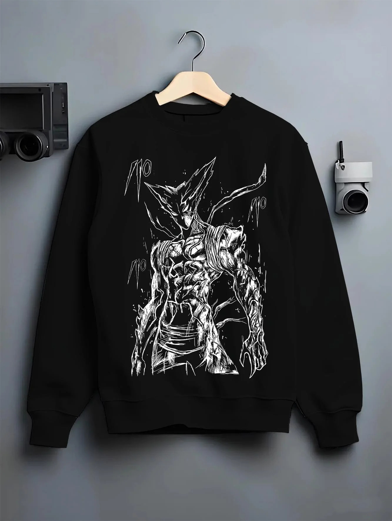 Black crewneck sweatshirt on hanger with Bleach Hoodie Hollow Ichigo Silver Form Jumper graphic streetwear graphic.