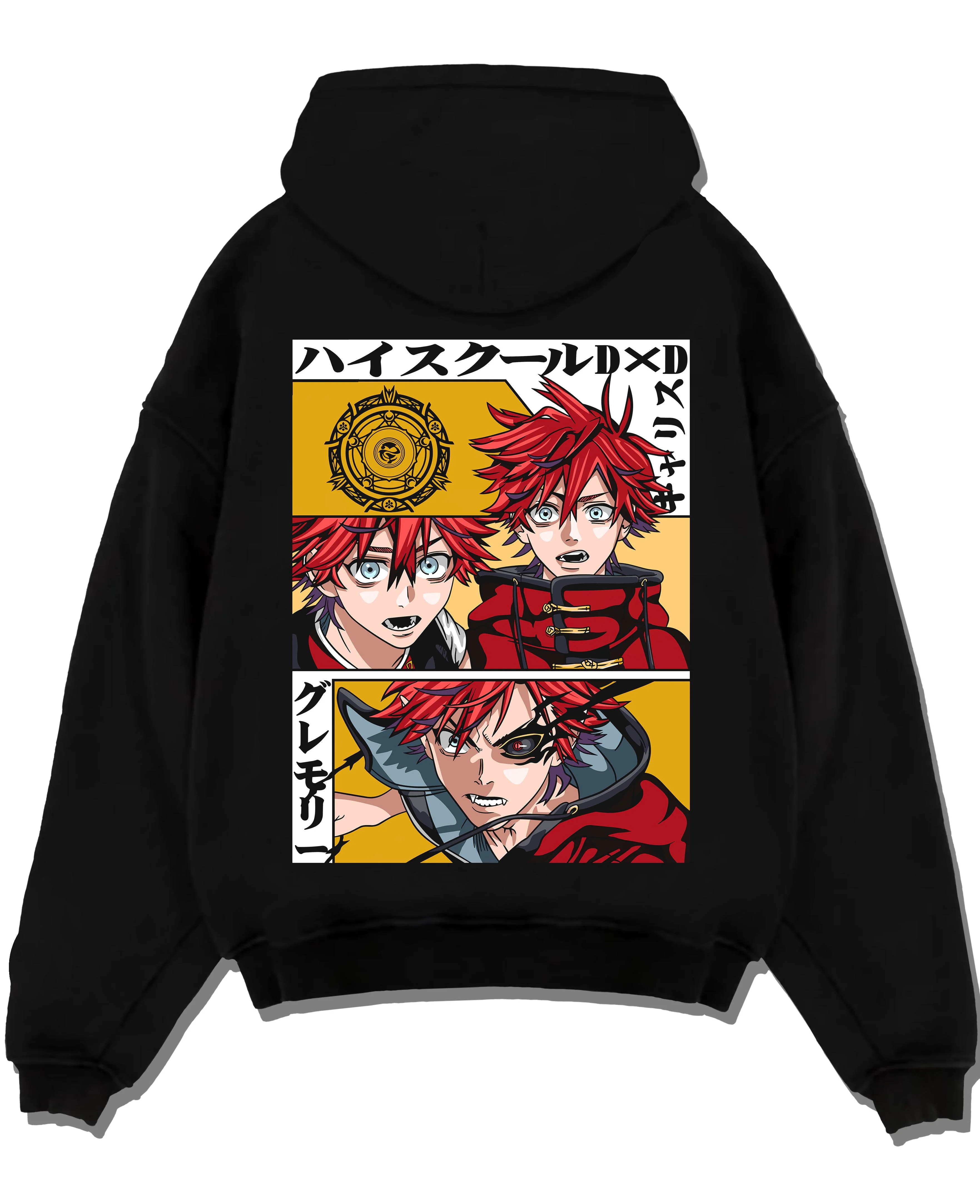 Black pullover hoodie laid flat with Highschool DxD Hoodie Garith Gremory Dragon Jumper graphic bold anime graphic.