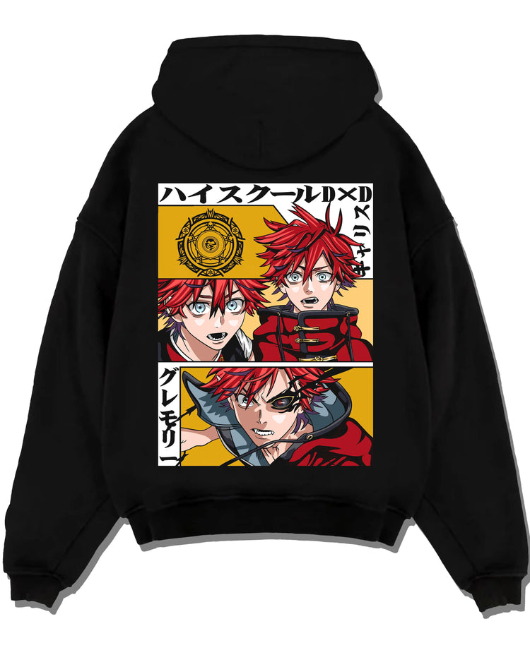 Black pullover hoodie laid flat with Highschool DxD Hoodie Garith Gremory Dragon Jumper graphic bold anime graphic.