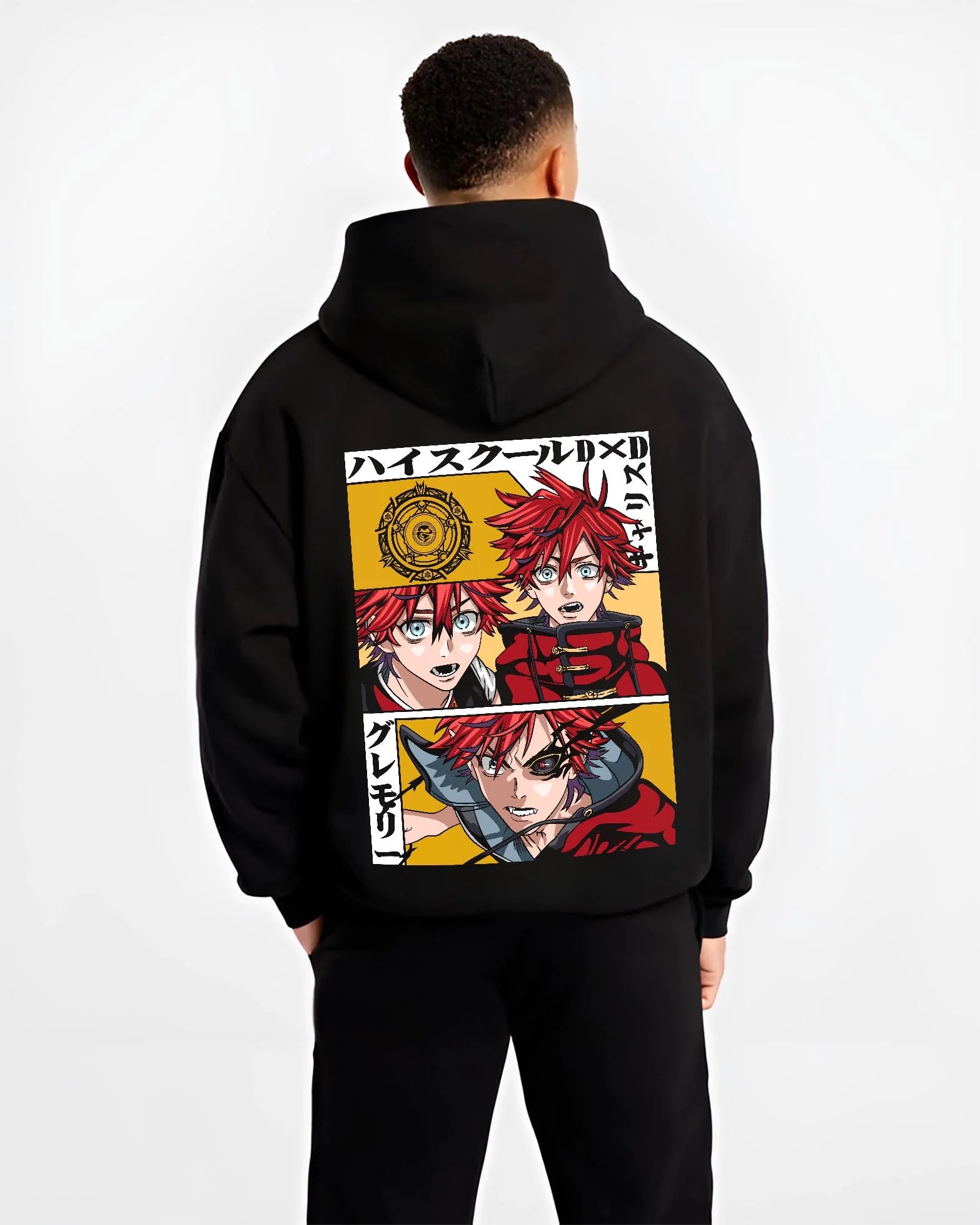 Black hoodie worn by male model, back view with Highschool DxD Hoodie Garith Gremory Dragon Jumper graphic premium wear.