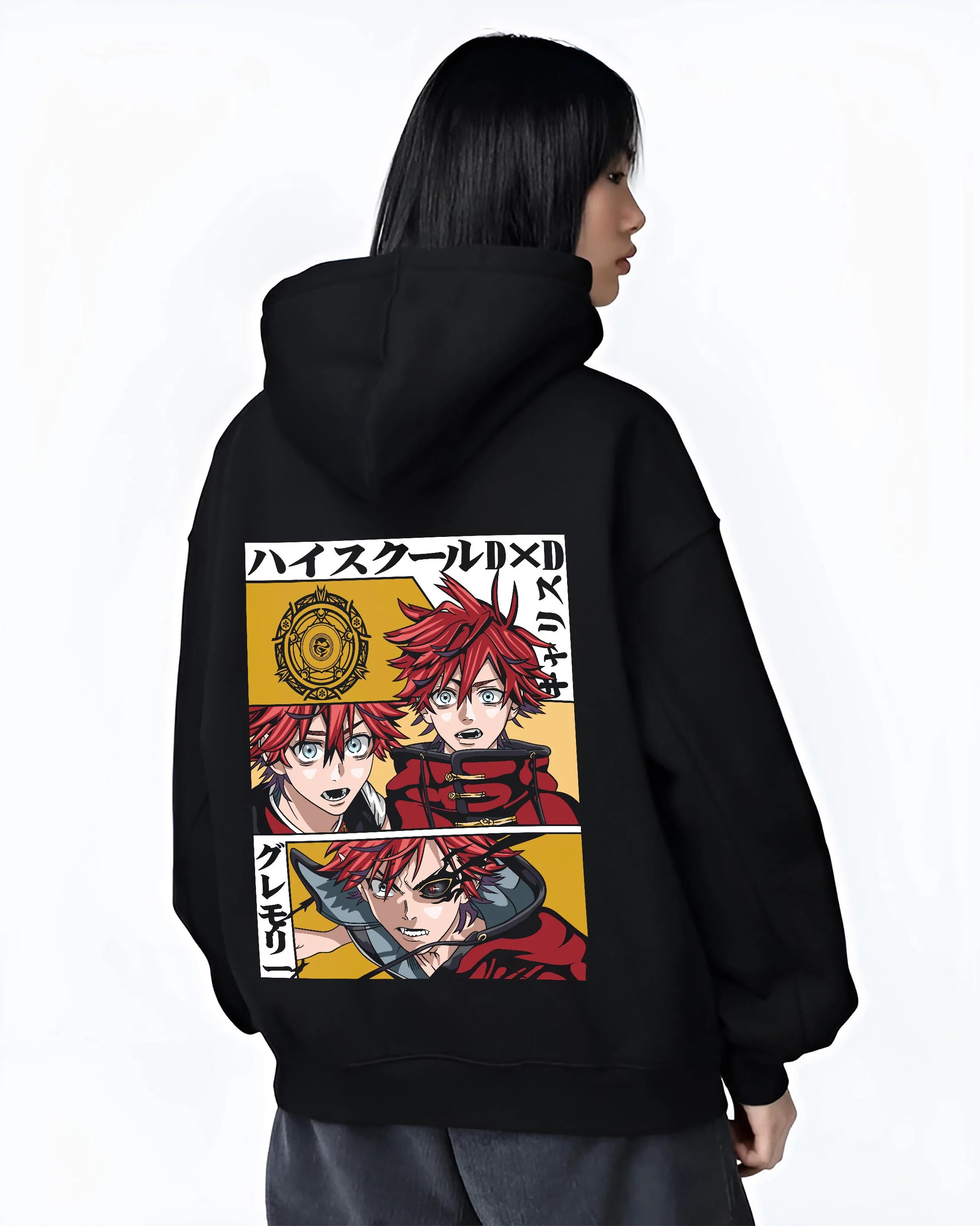 Black hoodie worn by female model, back view with Highschool DxD Hoodie Garith Gremory Dragon Jumper graphic bold anime graphic.