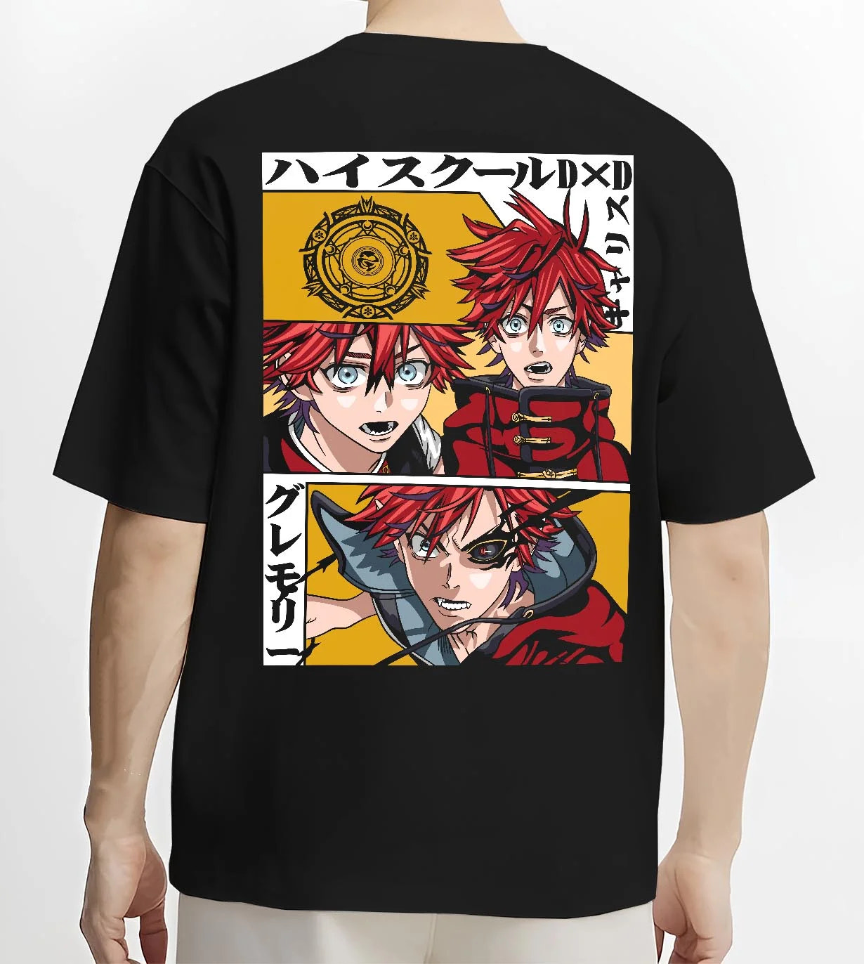 Black T-shirt worn by male model, back view with Highschool DxD Hoodie Garith Gremory Dragon Jumper graphic premium wear.