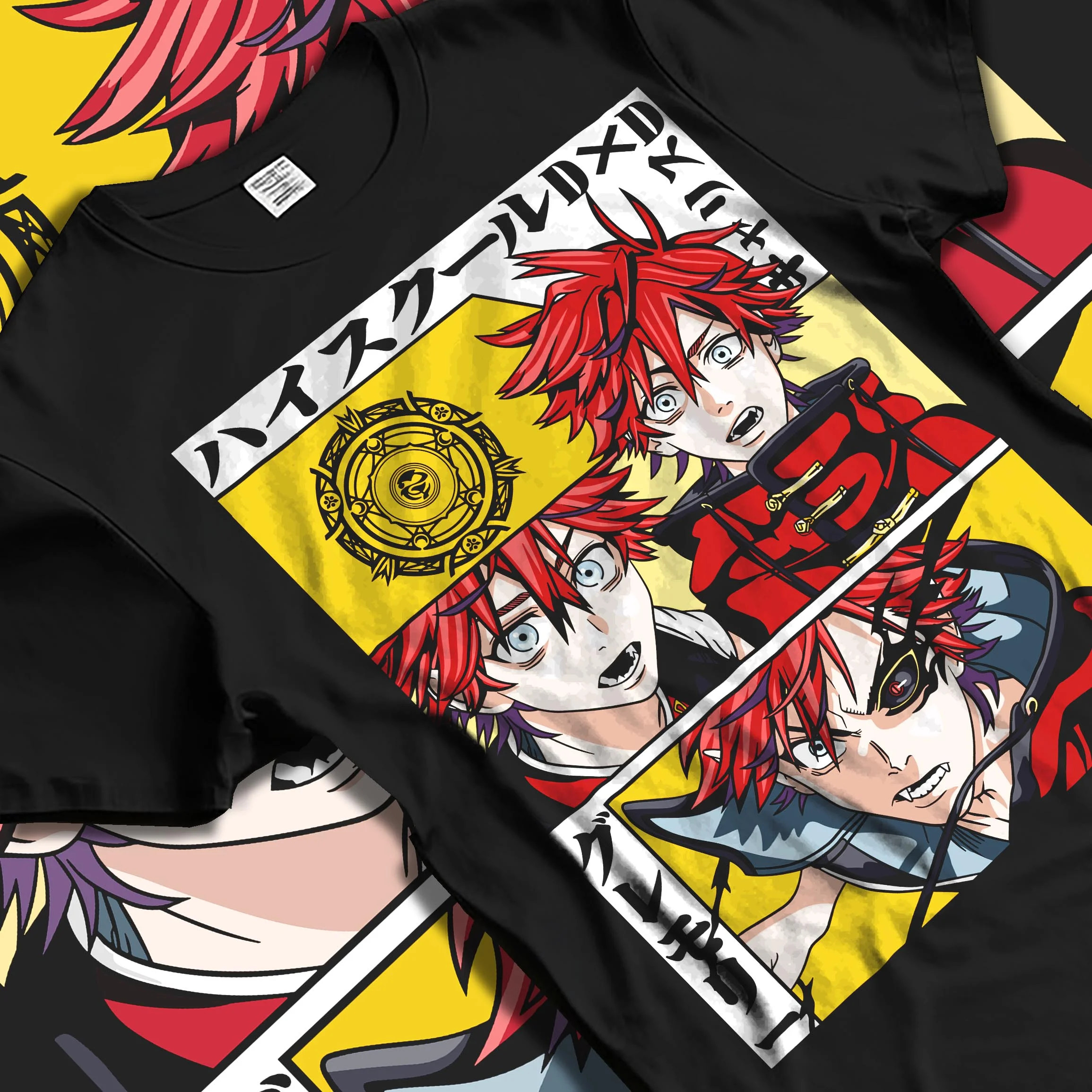 Black T-shirt laid flat with natural folds with Highschool DxD Hoodie Garith Gremory Dragon Jumper graphic bold anime graphic.