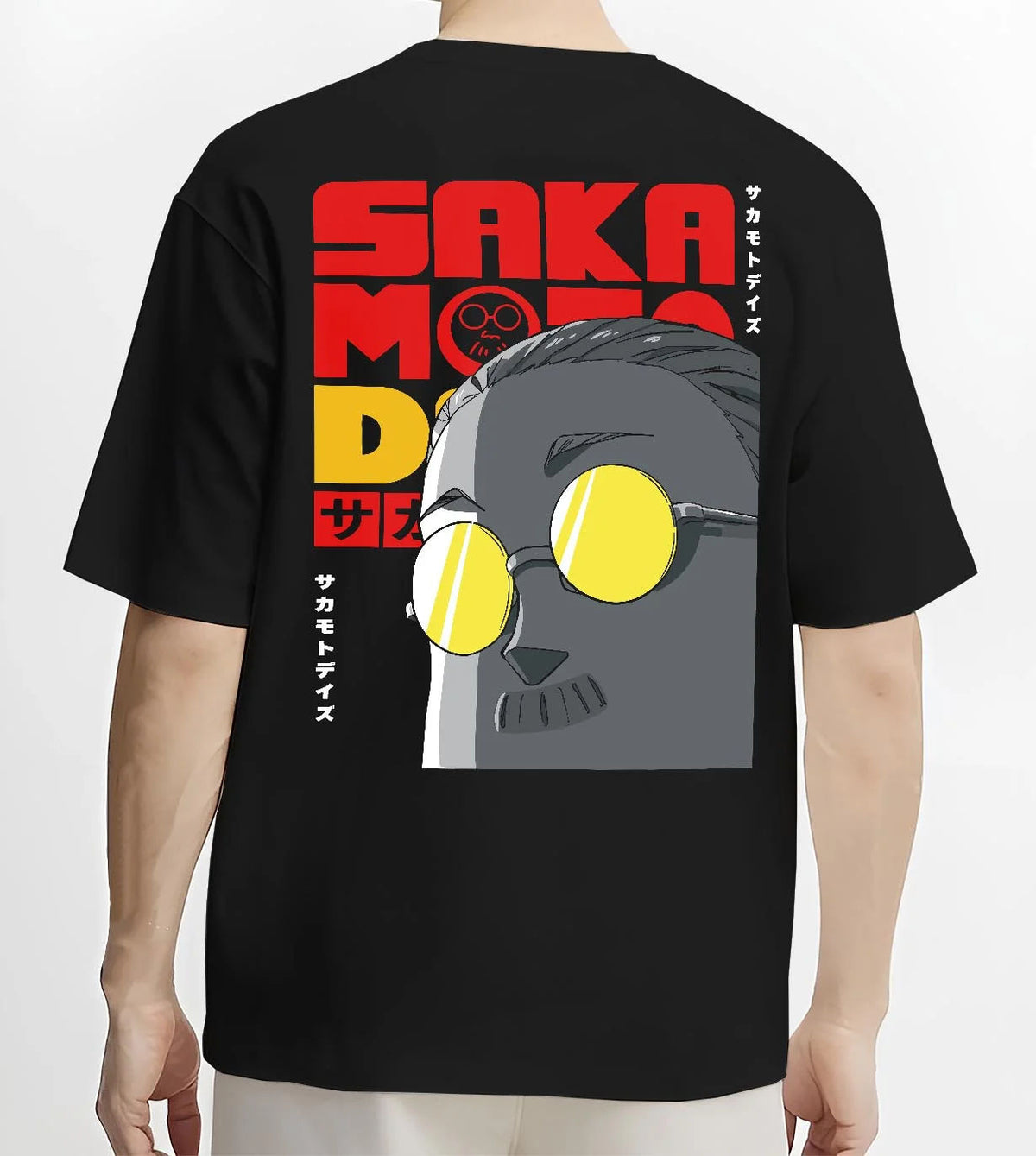 Black T-shirt worn by male model from the back featuring Sakamoto Days gas mask assassin artwork.