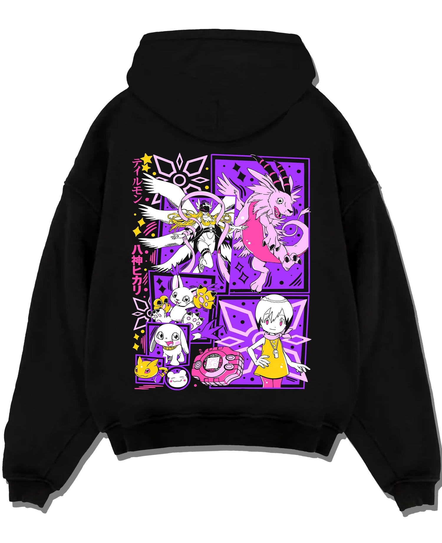 Black pullover hoodie laid flat with Digimon Hoodie Gatomon Digital Monster Anime Jumper graphic streetwear graphic.