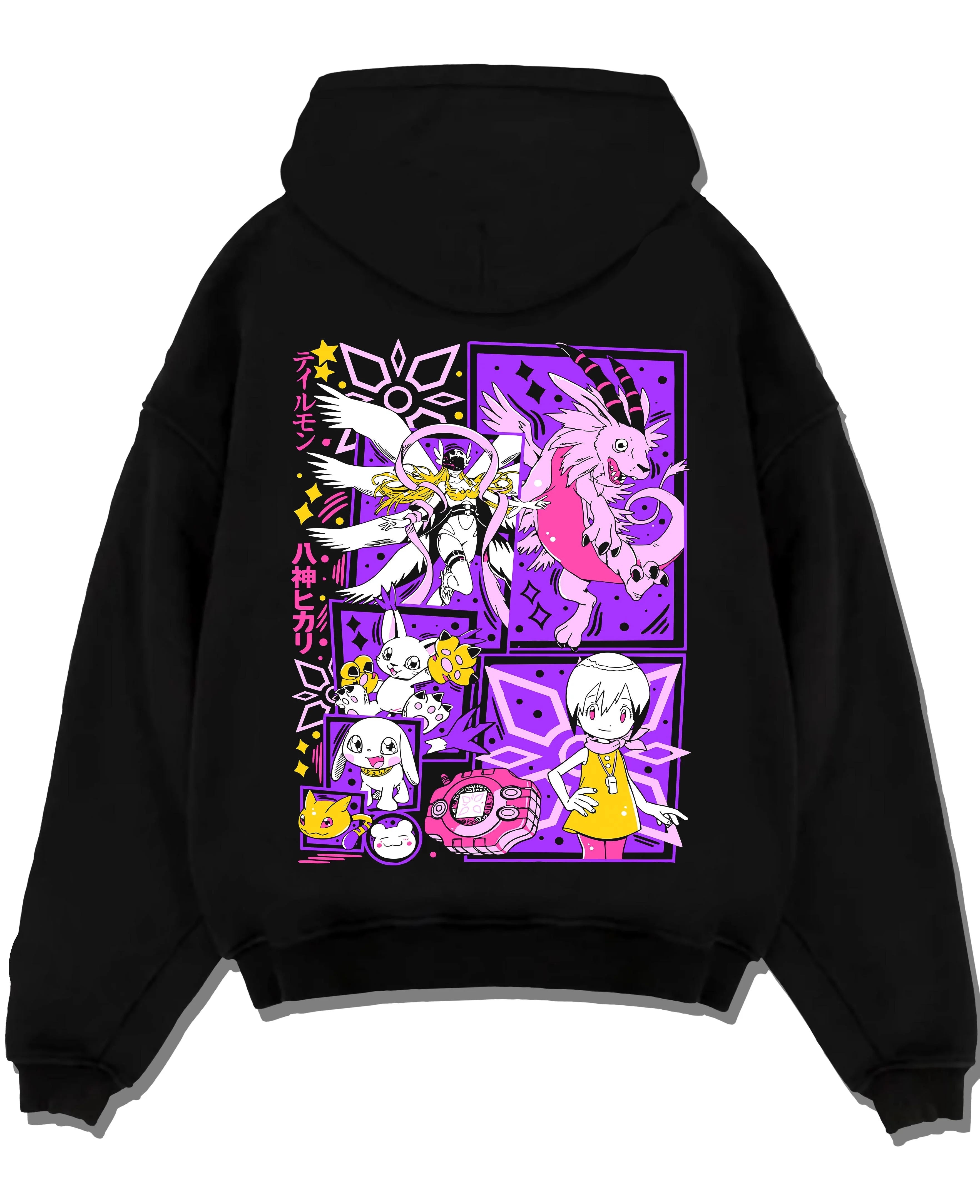 Black pullover hoodie laid flat with Digimon Hoodie Gatomon Digital Monster Anime Jumper graphic streetwear graphic.