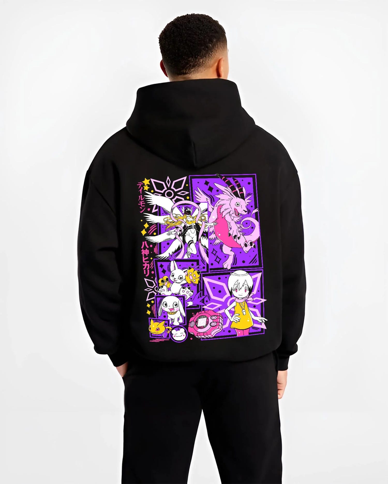 Black hoodie worn by male model, back view with Digimon Hoodie Gatomon Digital Monster Anime Jumper graphic premium wear.