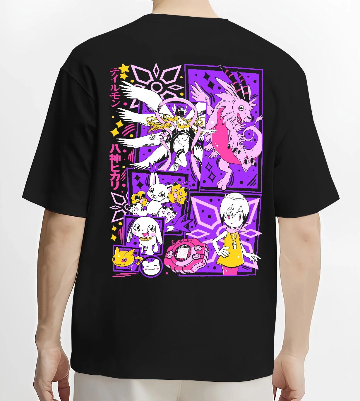 Black T-shirt worn by male model, back view with Digimon Hoodie Gatomon Digital Monster Anime Jumper graphic streetwear graphic.