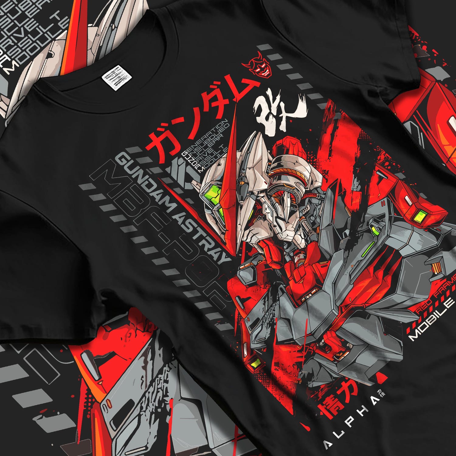 Black T-shirt laid flat with natural fabric folds, featuring Gundam Red Frame retro mecha design styled with anime poster inspired red mechanical detailing.