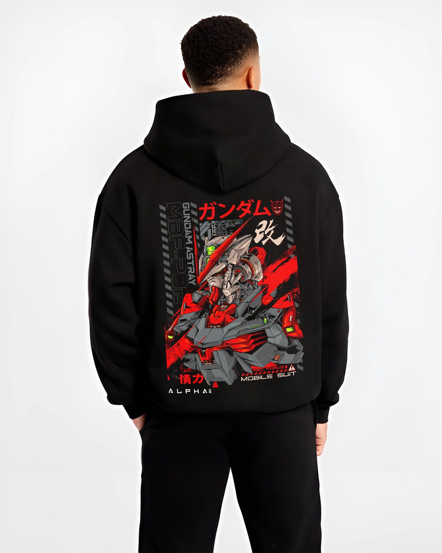 Black hoodie worn by a male model, back view, featuring Gundam Red Frame cyberpunk anime aesthetic design with vibrant red mechanical armor.
