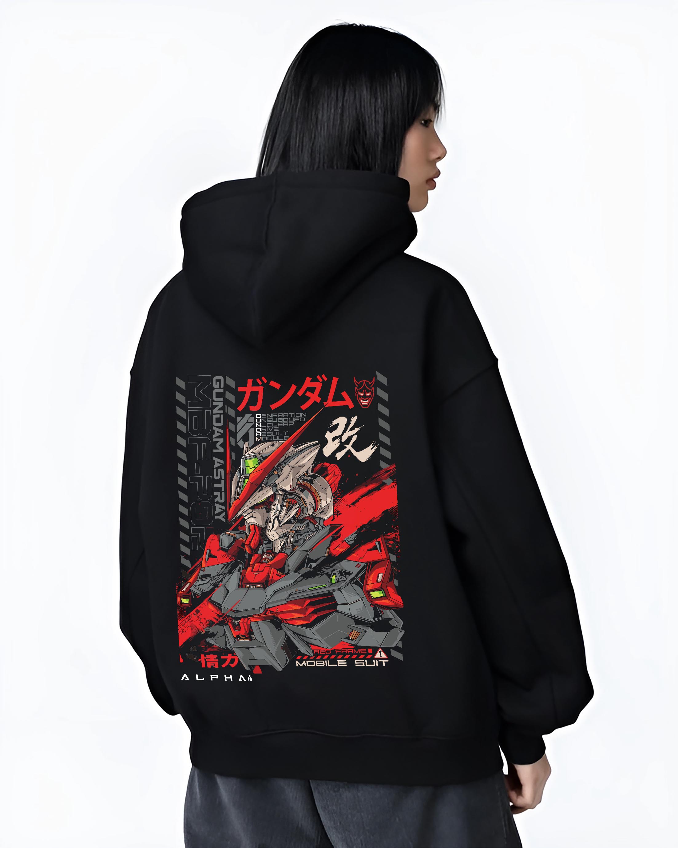 Black hoodie worn by a female model, back view, featuring Gundam Red Frame retro manga graphic with futuristic robotic armor in red and grey tones.