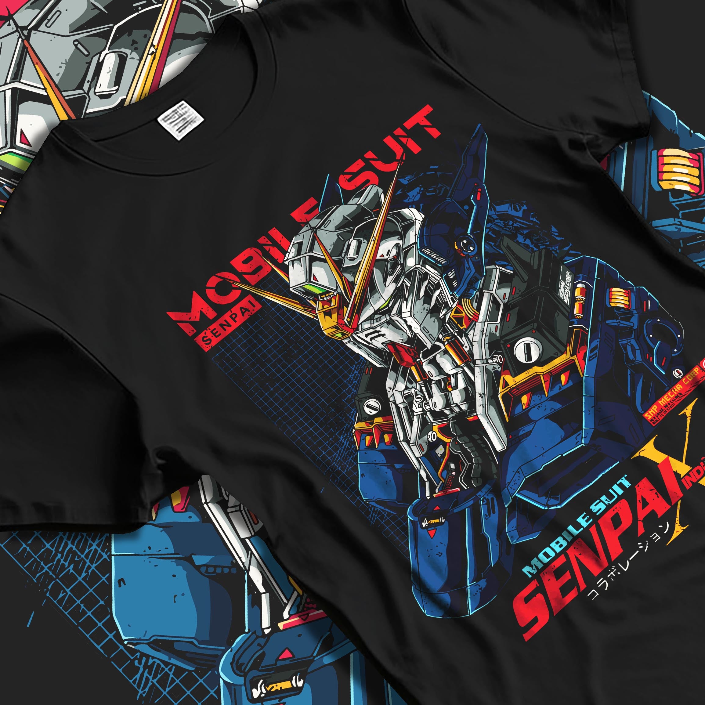 Black T-shirt laid flat with natural fabric folds, featuring Mobile Suit anime poster inspired mecha graphic in retro manga style with futuristic cyberpunk detail.