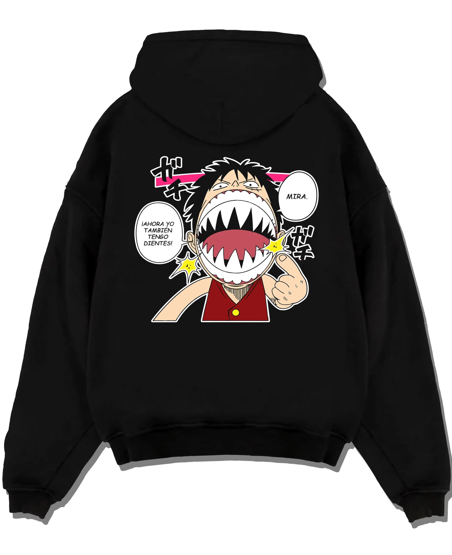 Black pullover hoodie laid flat with One Piece Hoodie Luffy Funny Shark Mouth Jumper graphic premium wear.