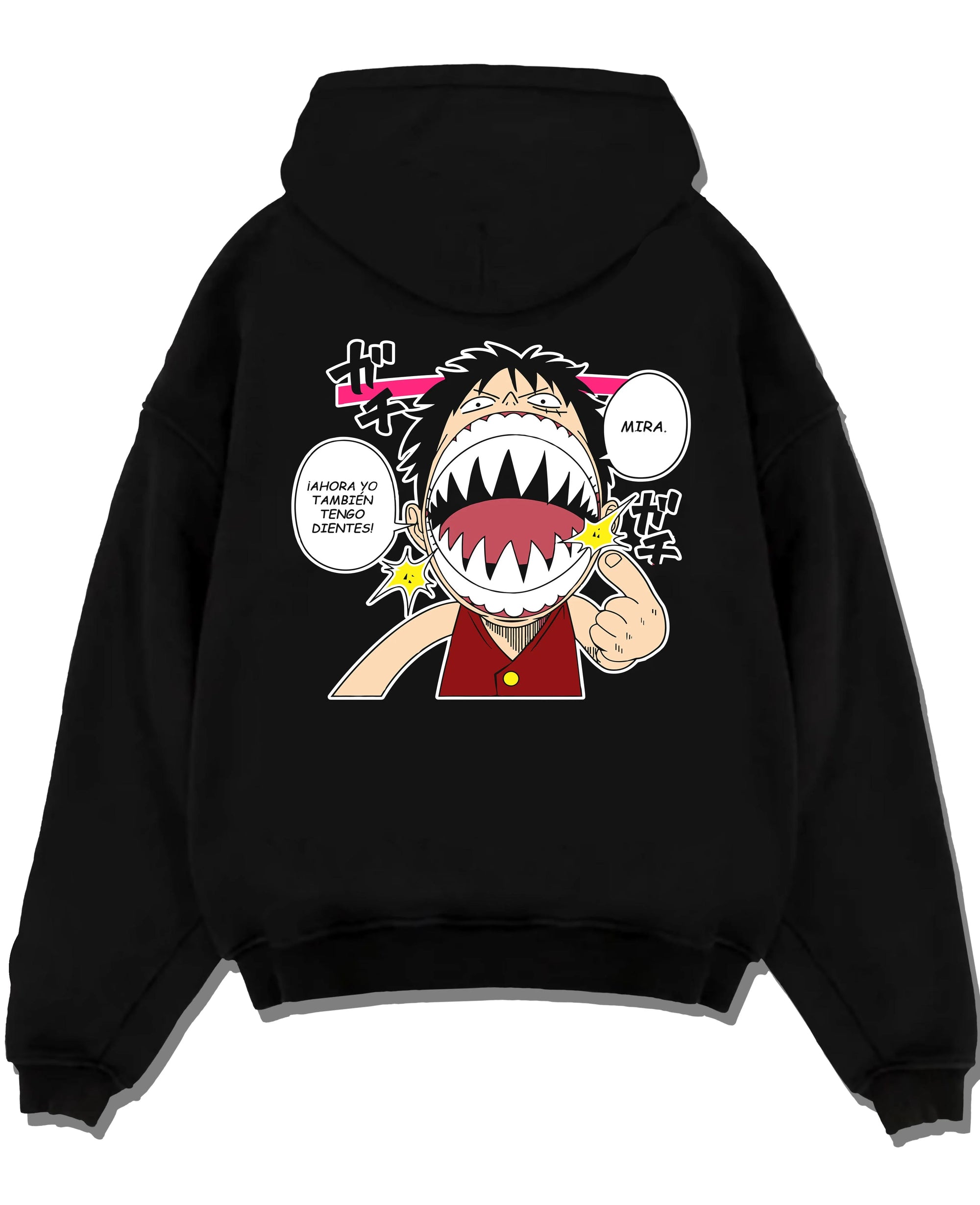 Black pullover hoodie laid flat with One Piece Hoodie Luffy Funny Shark Mouth Jumper graphic premium wear.