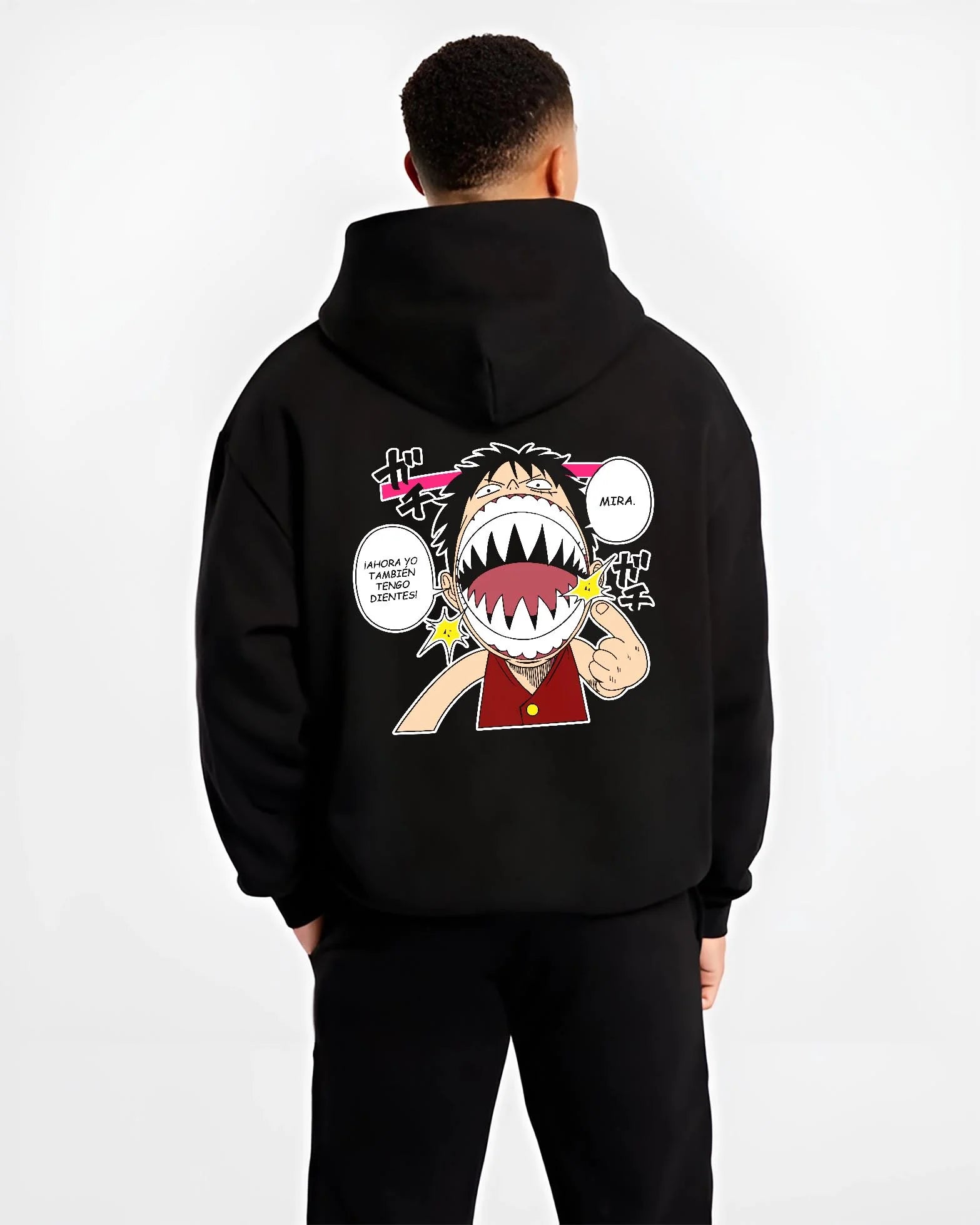 Black hoodie worn by male model, back view with One Piece Hoodie Luffy Funny Shark Mouth Jumper graphic premium wear.