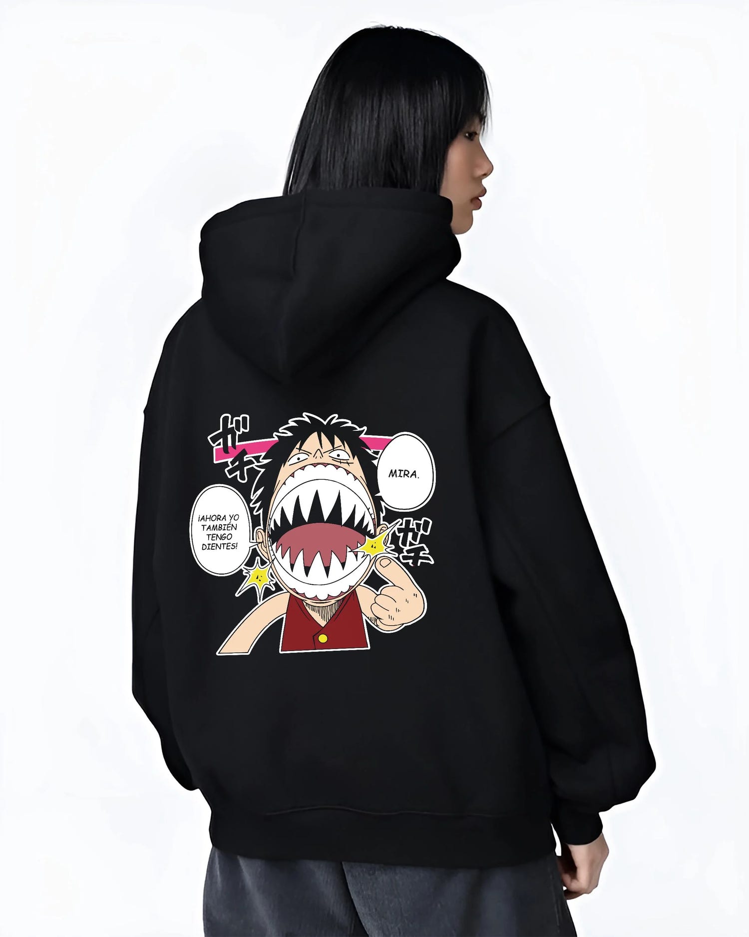 Black hoodie worn by female model, back view with One Piece Hoodie Luffy Funny Shark Mouth Jumper graphic streetwear graphic.