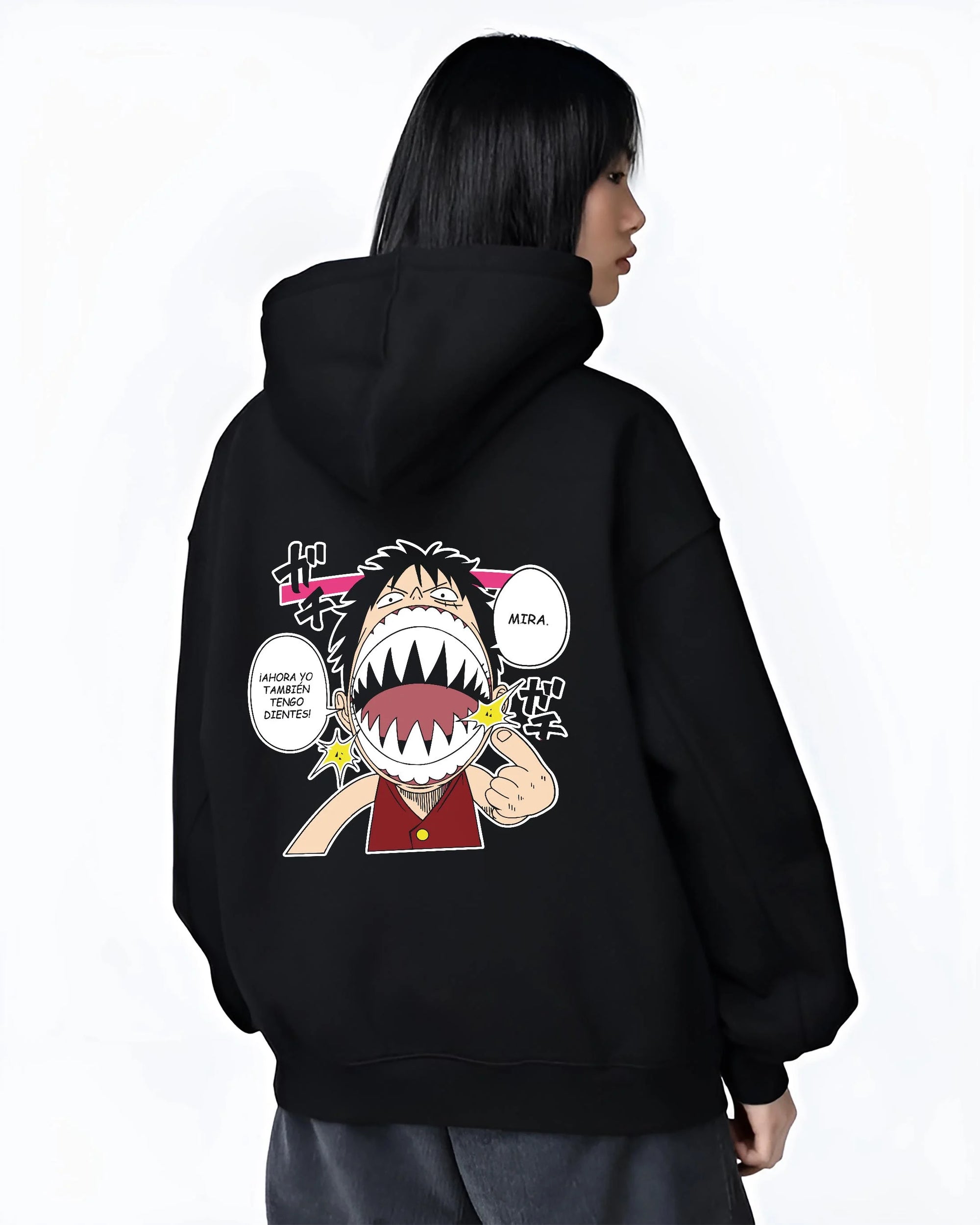 Black hoodie worn by female model, back view with One Piece Hoodie Luffy Funny Shark Mouth Jumper graphic streetwear graphic.