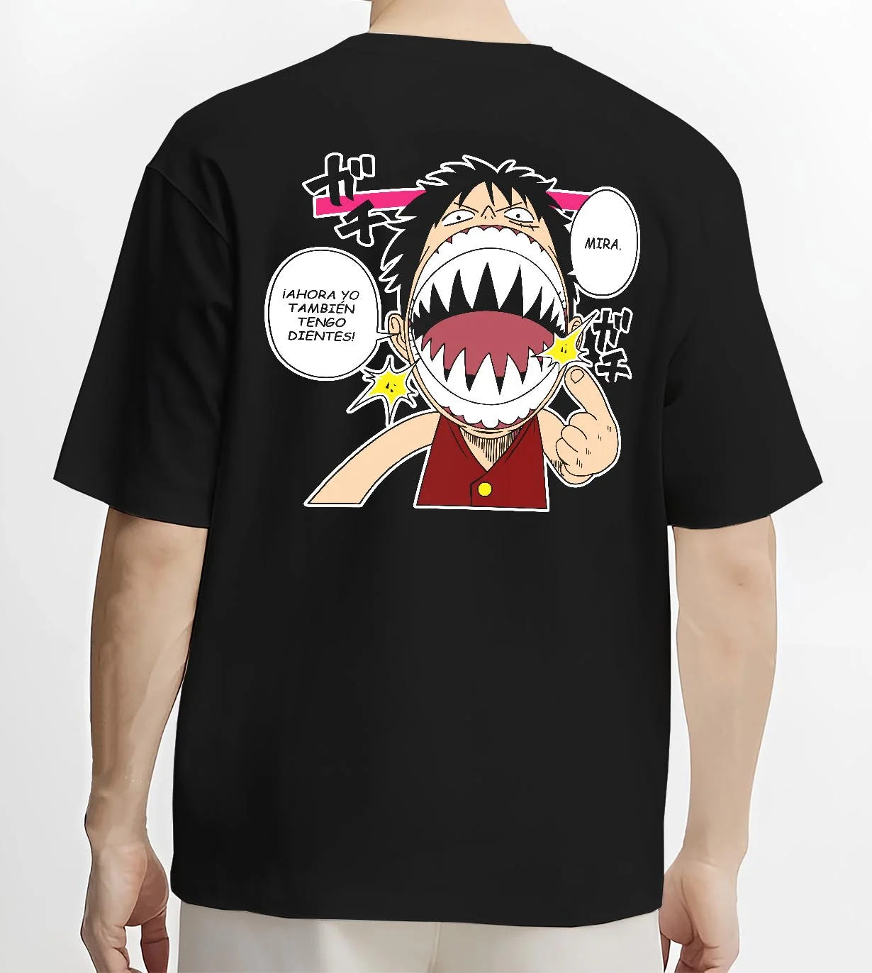 Black T-shirt worn by male model, back view with One Piece Hoodie Luffy Funny Shark Mouth Jumper graphic streetwear graphic.