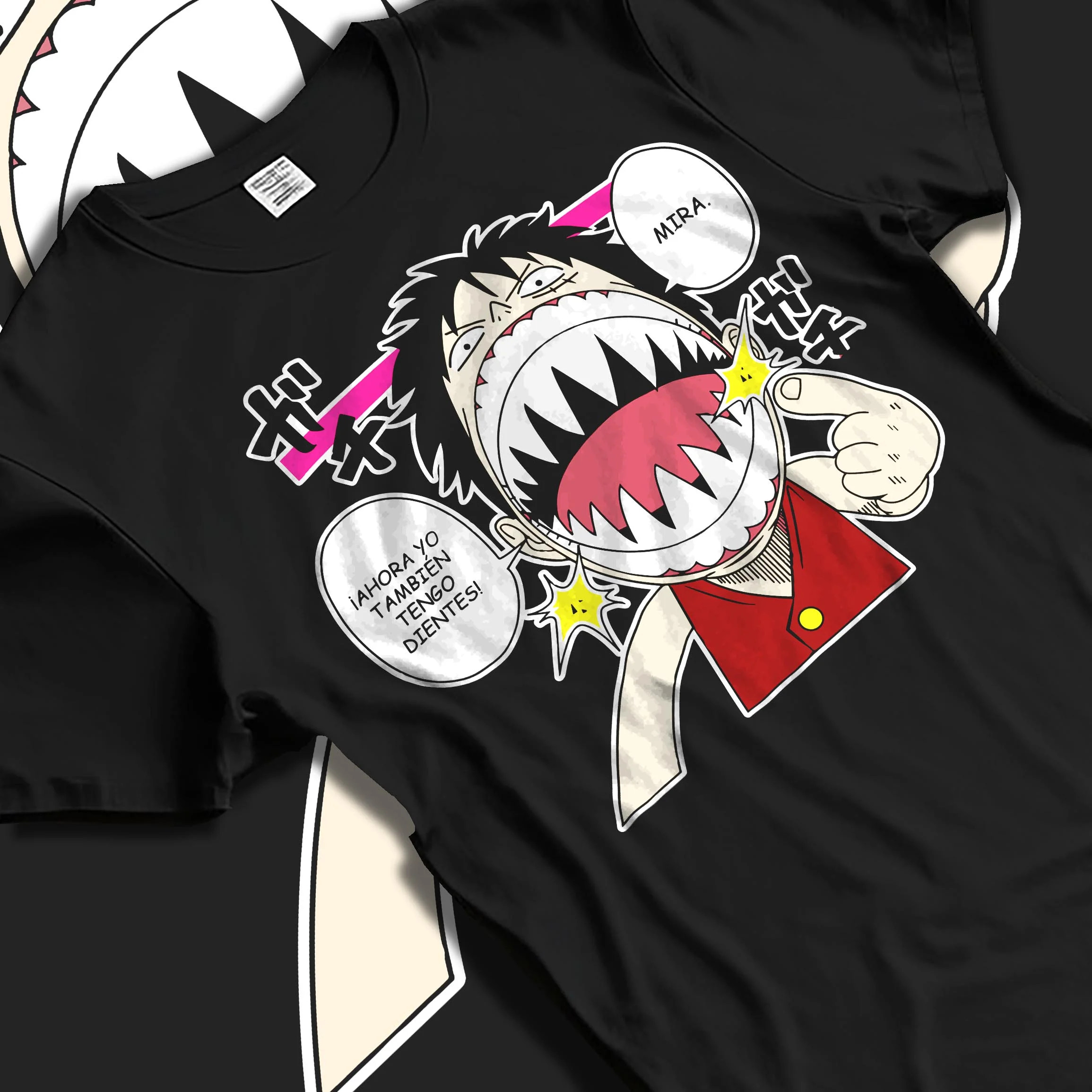 Black T-shirt laid flat with natural folds with One Piece Hoodie Luffy Funny Shark Mouth Jumper graphic streetwear graphic.