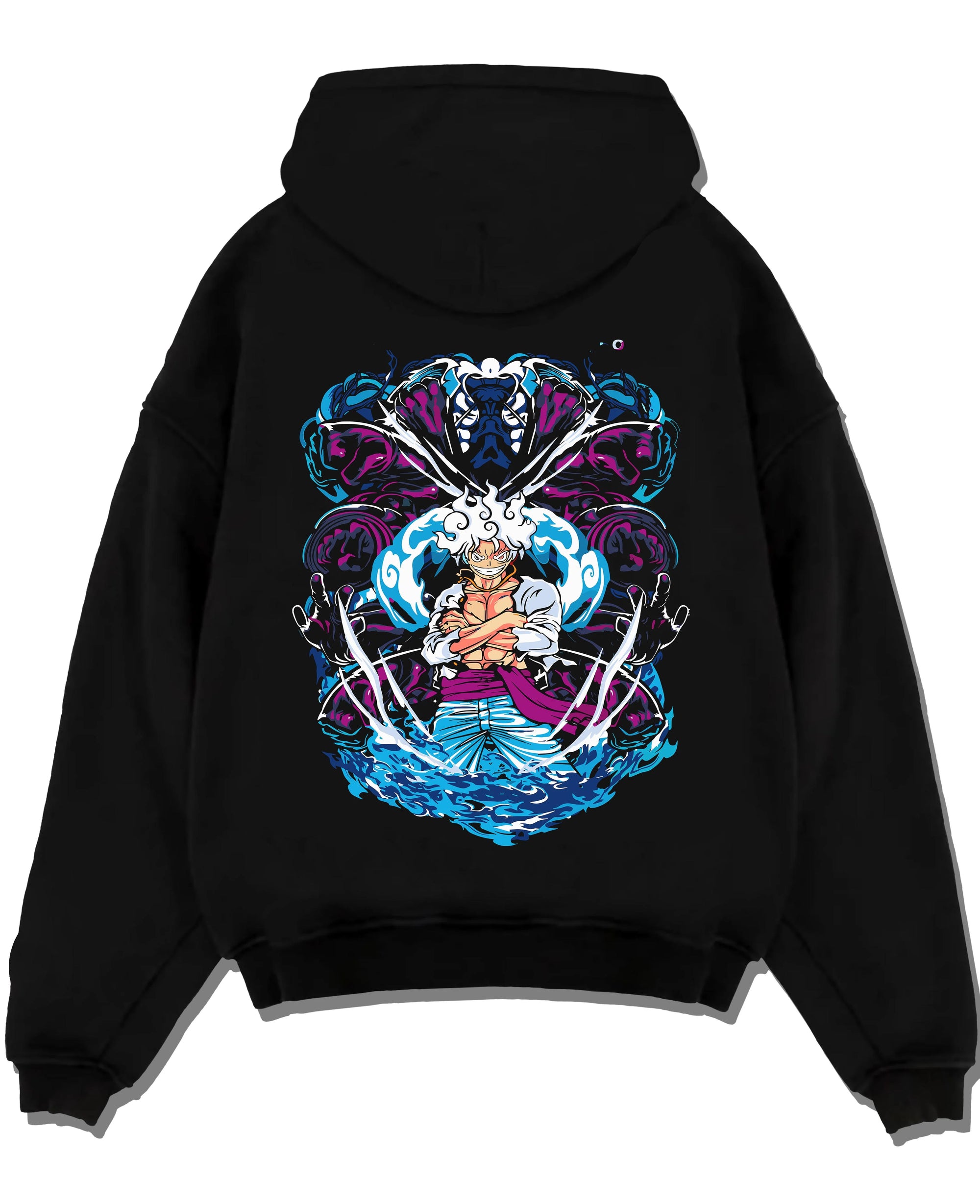 Black pullover hoodie laid flat with One Piece Hoodie Luffy Gear Fifth Panel Jumper graphic streetwear graphic.