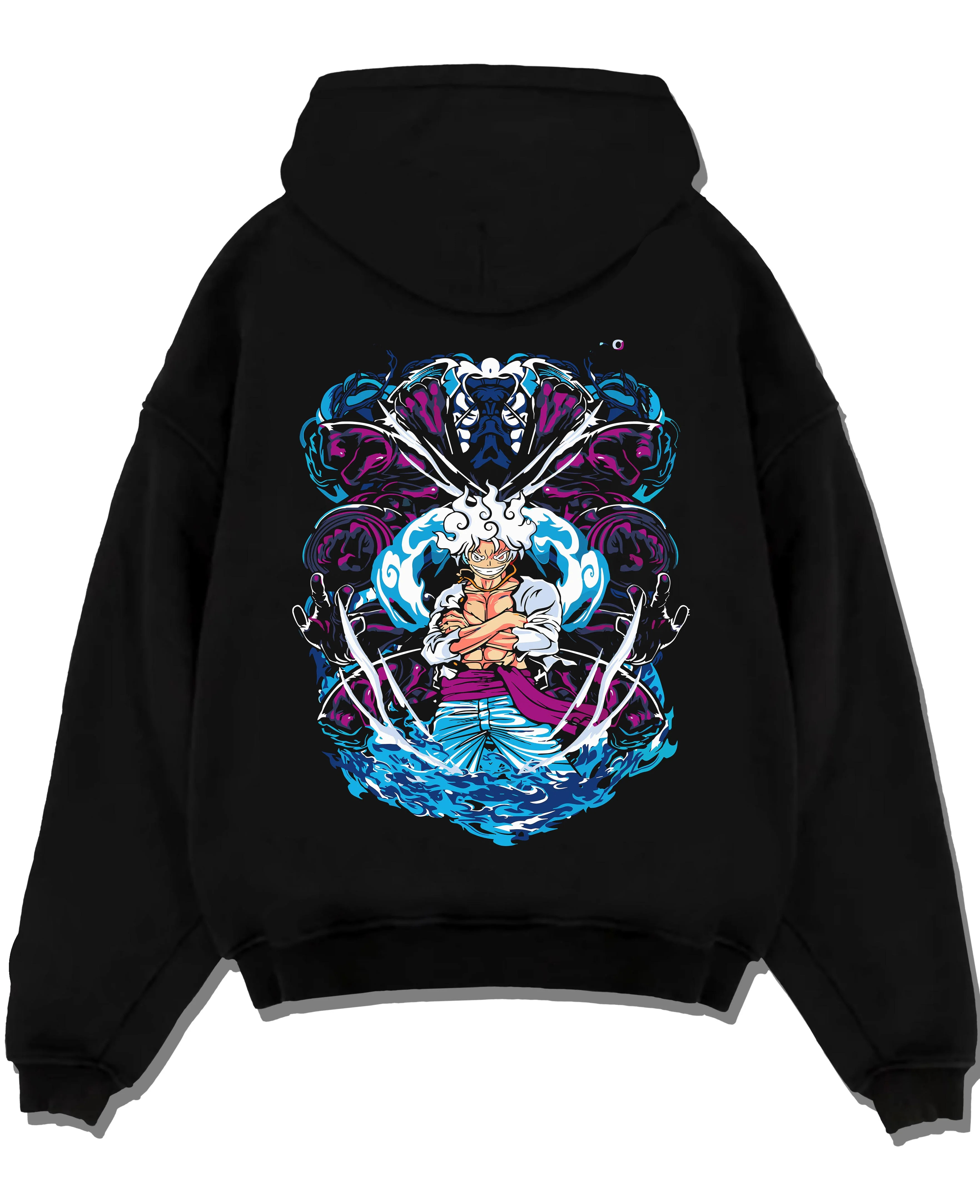 Black pullover hoodie laid flat with One Piece Hoodie Luffy Gear Fifth Panel Jumper graphic streetwear graphic.