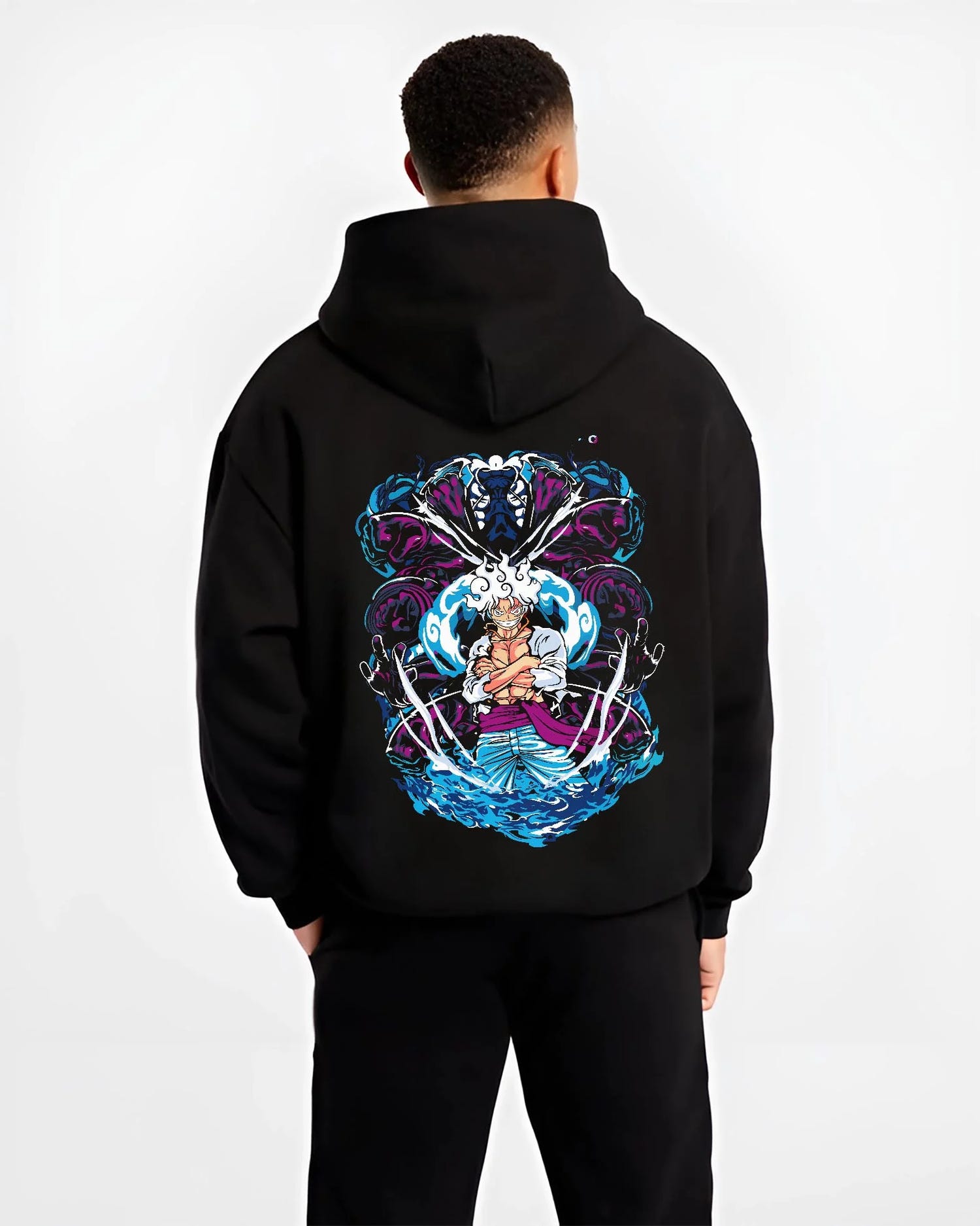 Black hoodie worn by male model, back view with One Piece Hoodie Luffy Gear Fifth Panel Jumper graphic premium wear.