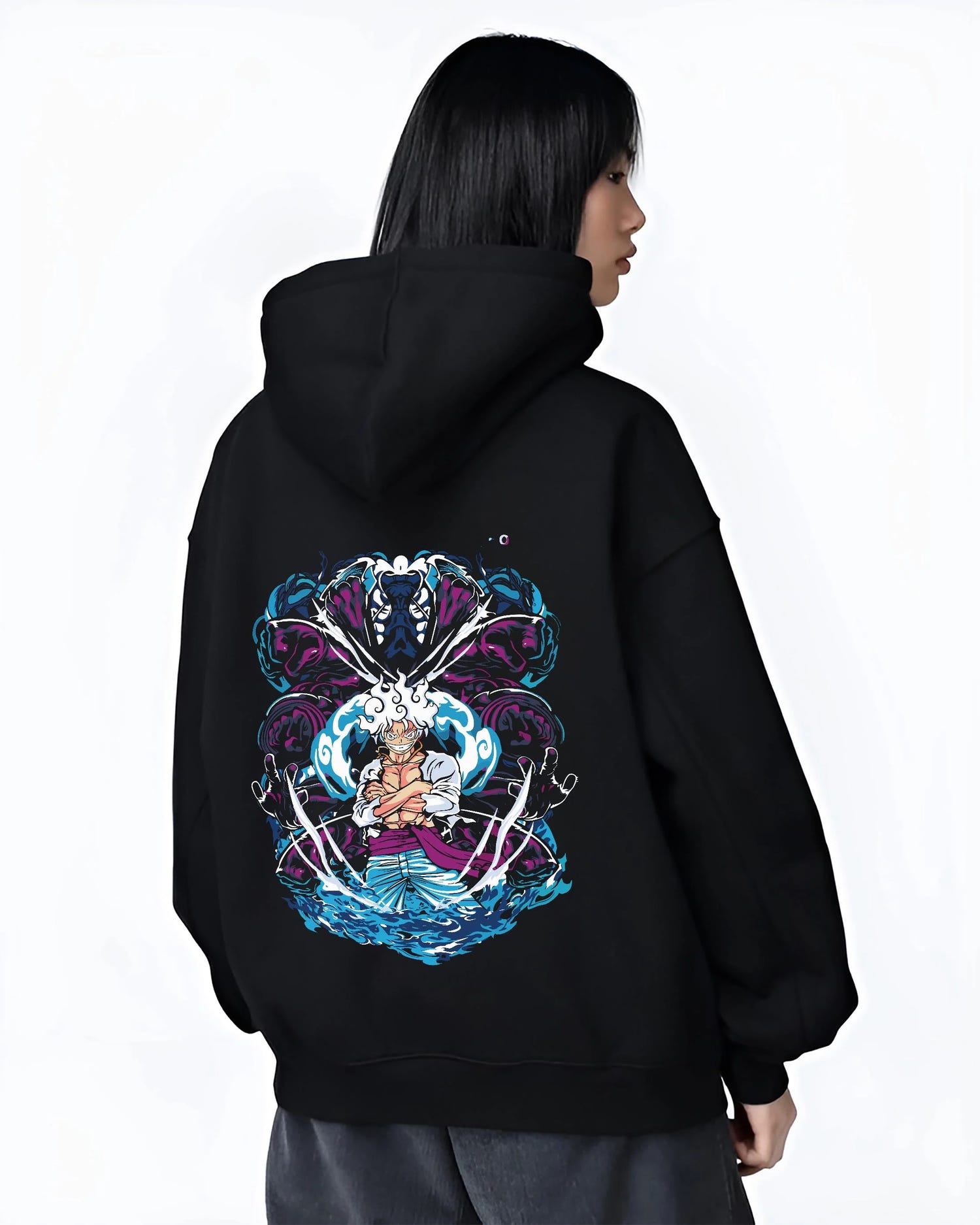 Black hoodie worn by female model, back view with One Piece Hoodie Luffy Gear Fifth Panel Jumper graphic streetwear graphic.