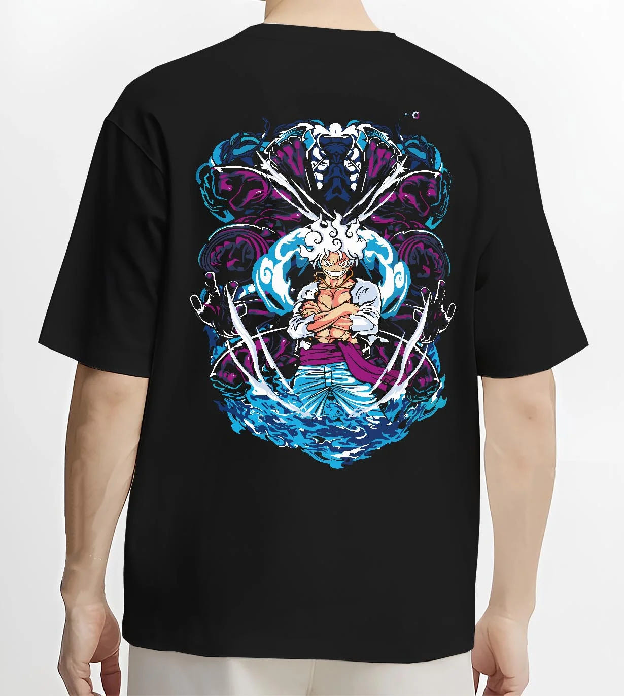 Black T-shirt worn by male model, back view with One Piece Hoodie Luffy Gear Fifth Panel Jumper graphic bold anime graphic.