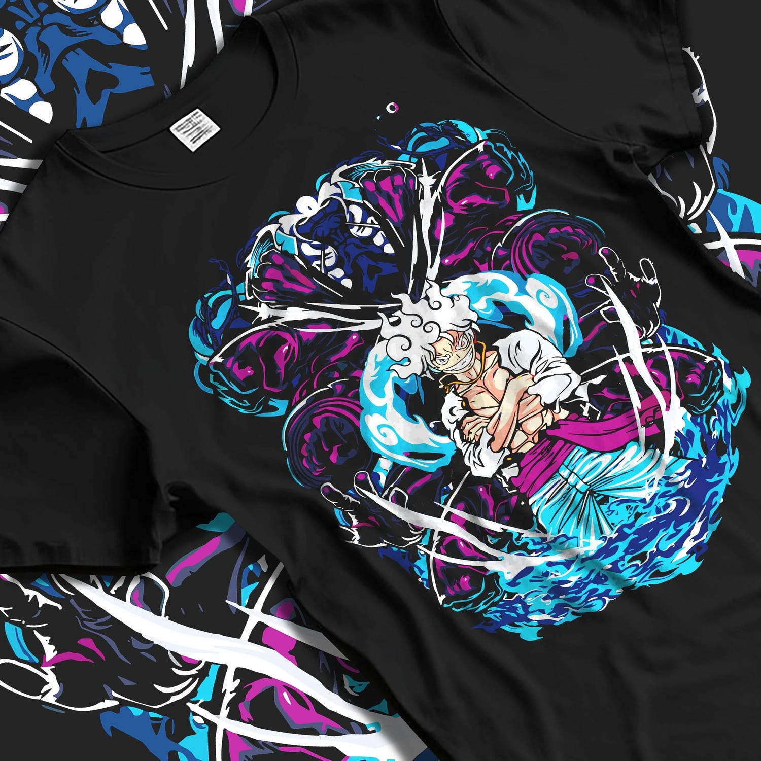 Black T-shirt laid flat with natural folds with One Piece Hoodie Luffy Gear Fifth Panel Jumper graphic premium wear.