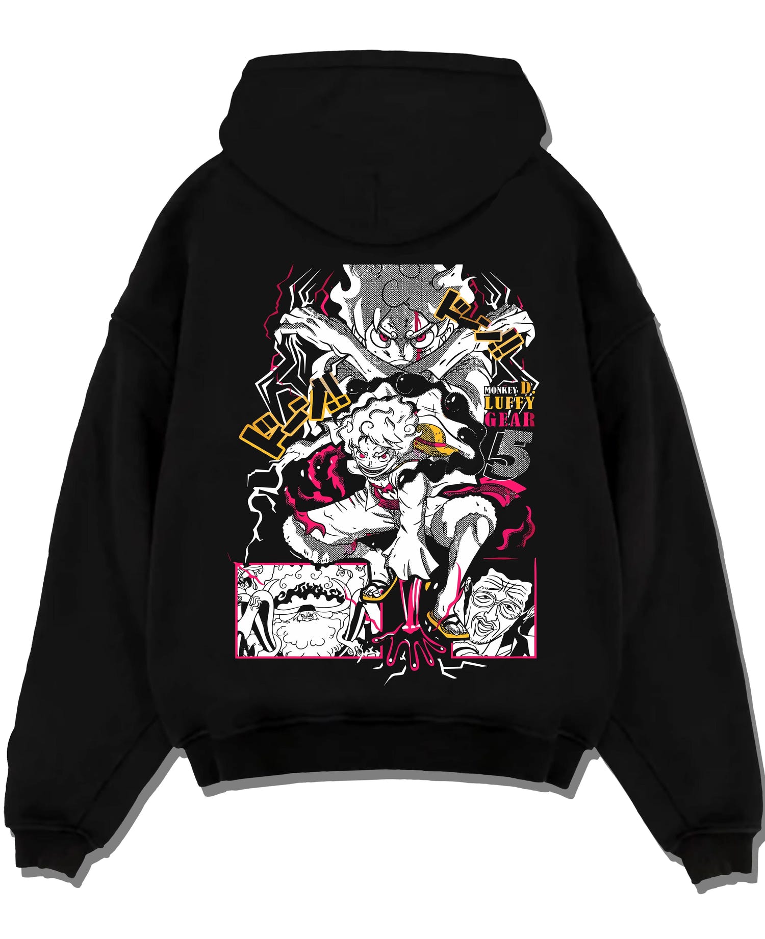 Black pullover hoodie laid flat with One Piece Hoodie Luffy Gear Fifth Water Jumper graphic bold anime graphic.