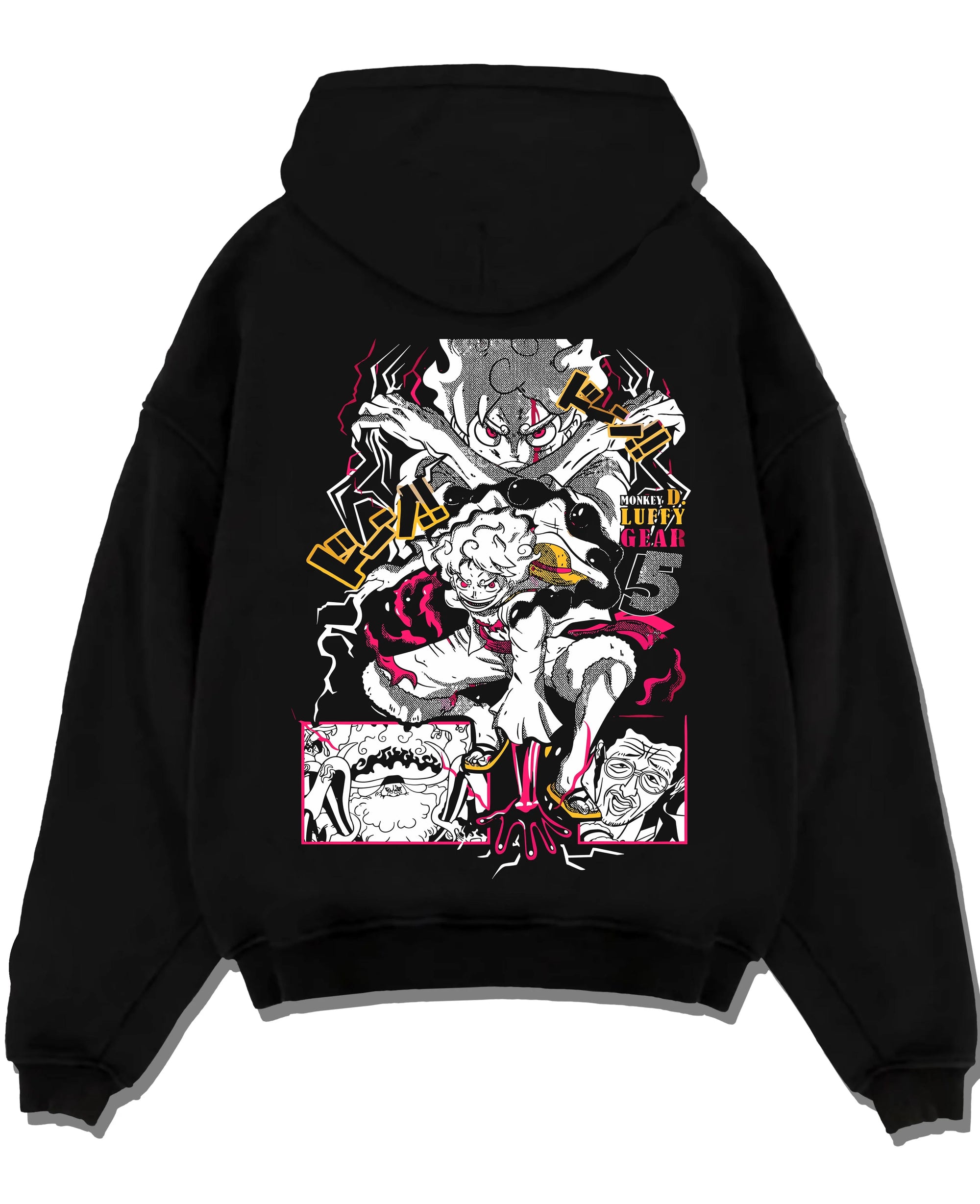 Black pullover hoodie laid flat with One Piece Hoodie Luffy Gear Fifth Water Jumper graphic bold anime graphic.