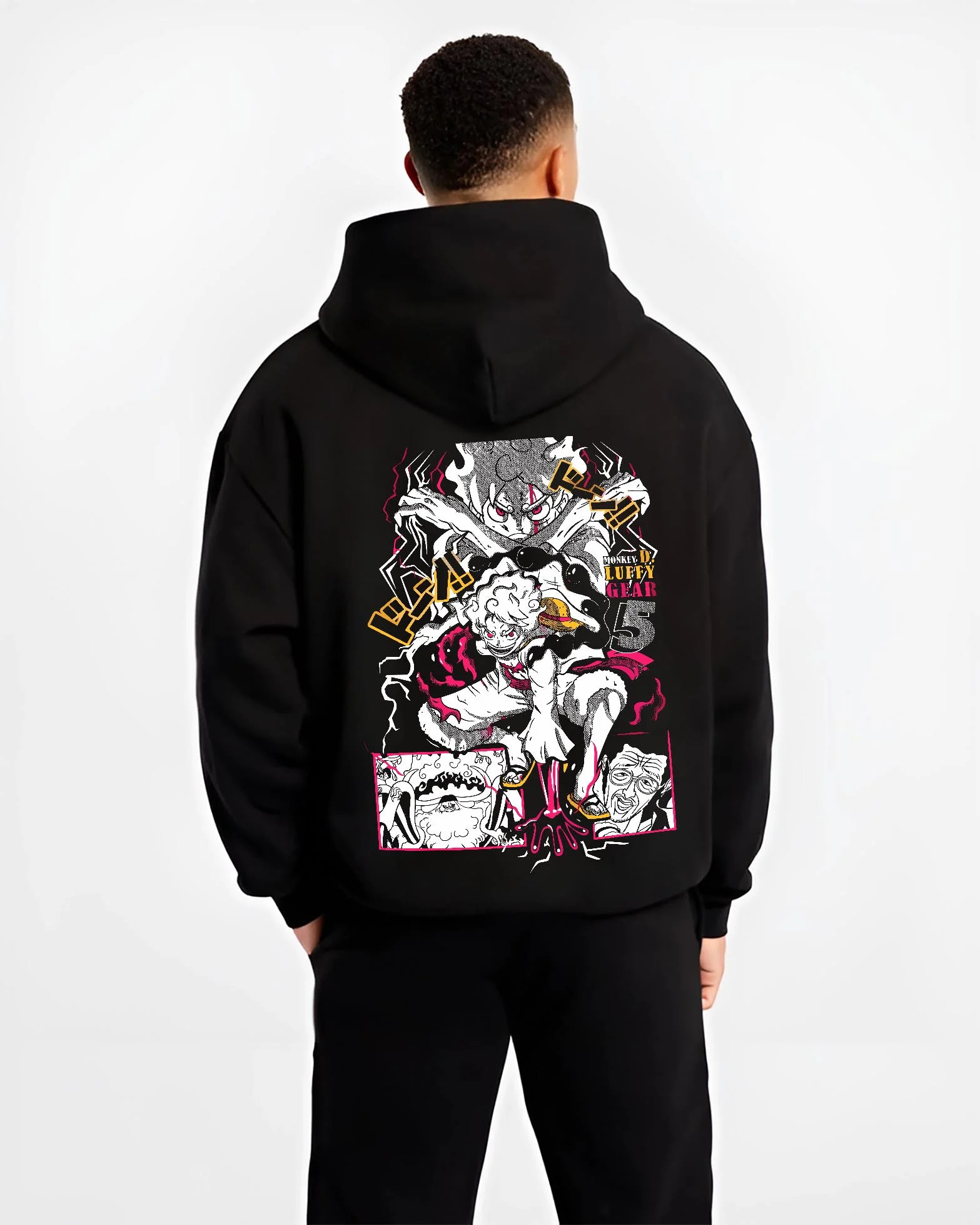 Black hoodie worn by male model, back view with One Piece Hoodie Luffy Gear Fifth Water Jumper graphic streetwear graphic.