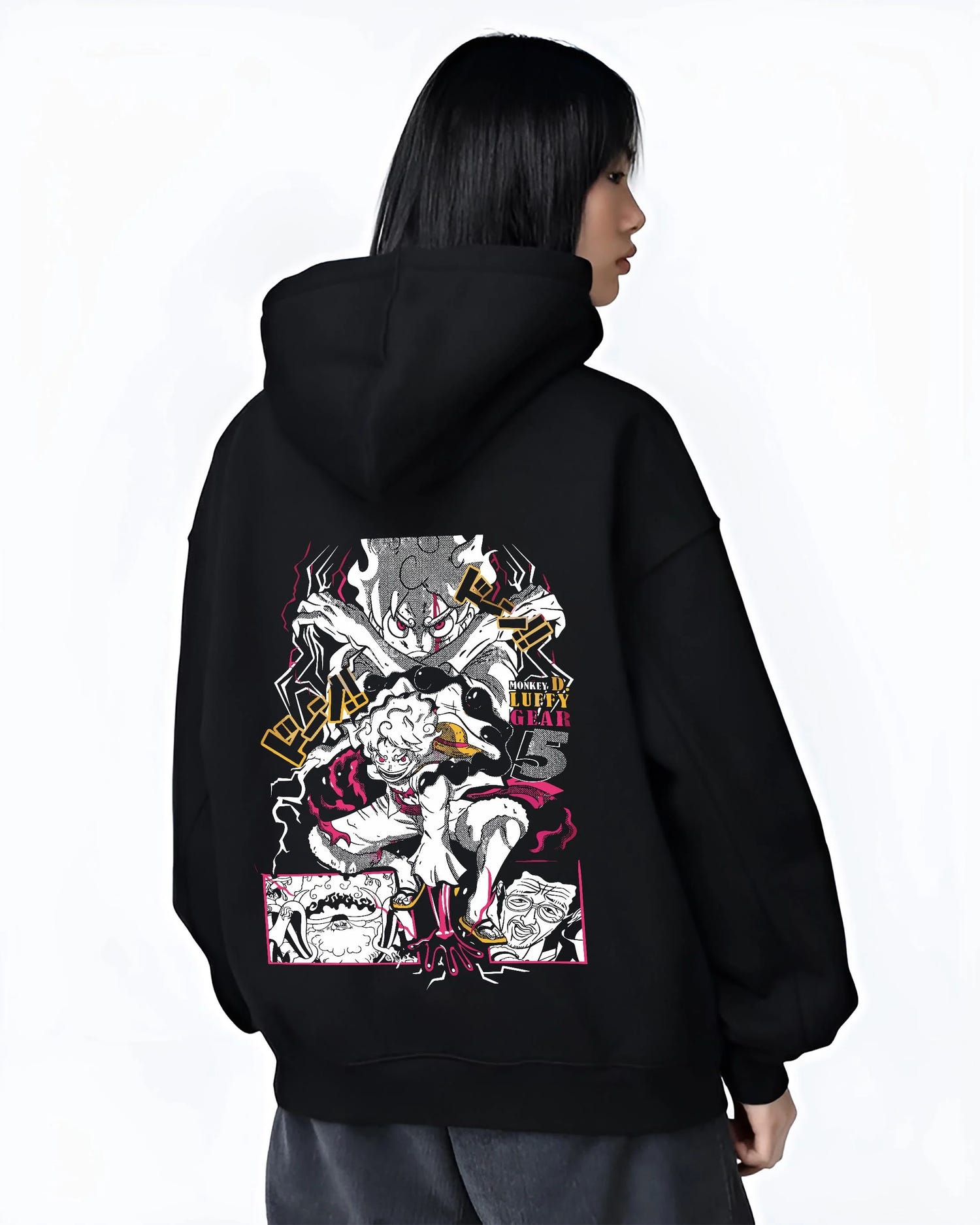Black hoodie worn by female model, back view with One Piece Hoodie Luffy Gear Fifth Water Jumper graphic streetwear graphic.