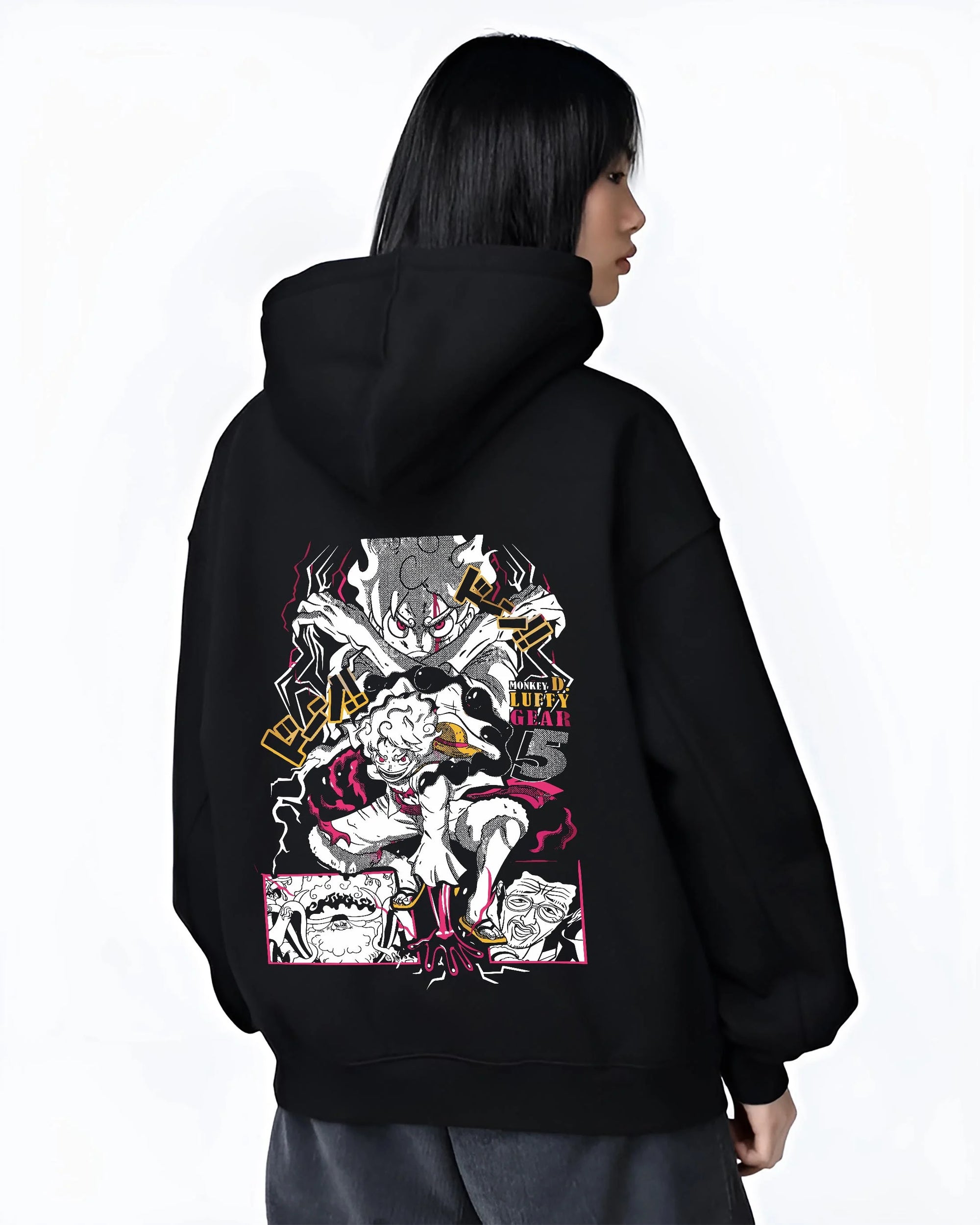 Black hoodie worn by female model, back view with One Piece Hoodie Luffy Gear Fifth Water Jumper graphic streetwear graphic.
