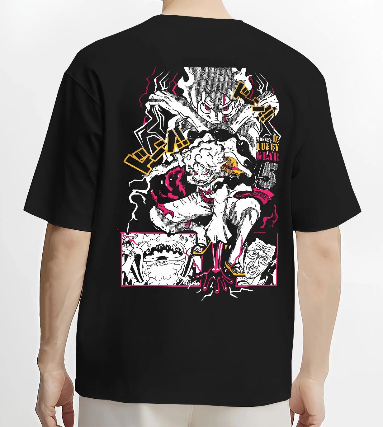 Black T-shirt worn by male model, back view with One Piece Hoodie Luffy Gear Fifth Water Jumper graphic bold anime graphic.
