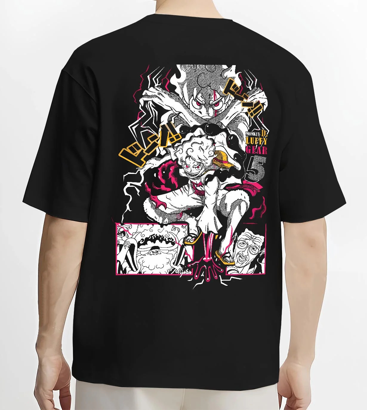 Black T-shirt worn by male model, back view with One Piece Hoodie Luffy Gear Fifth Water Jumper graphic bold anime graphic.