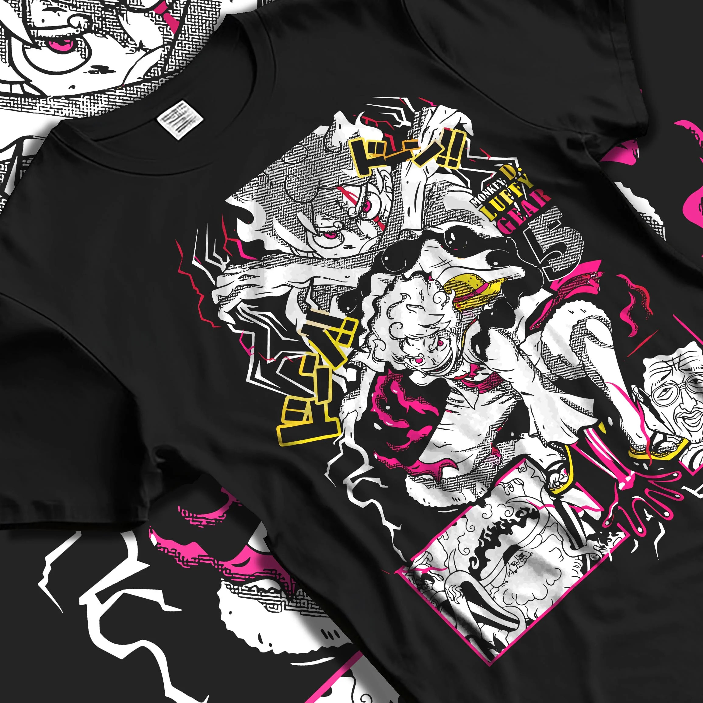 Black T-shirt laid flat with natural folds with One Piece Hoodie Luffy Gear Fifth Water Jumper graphic streetwear graphic.