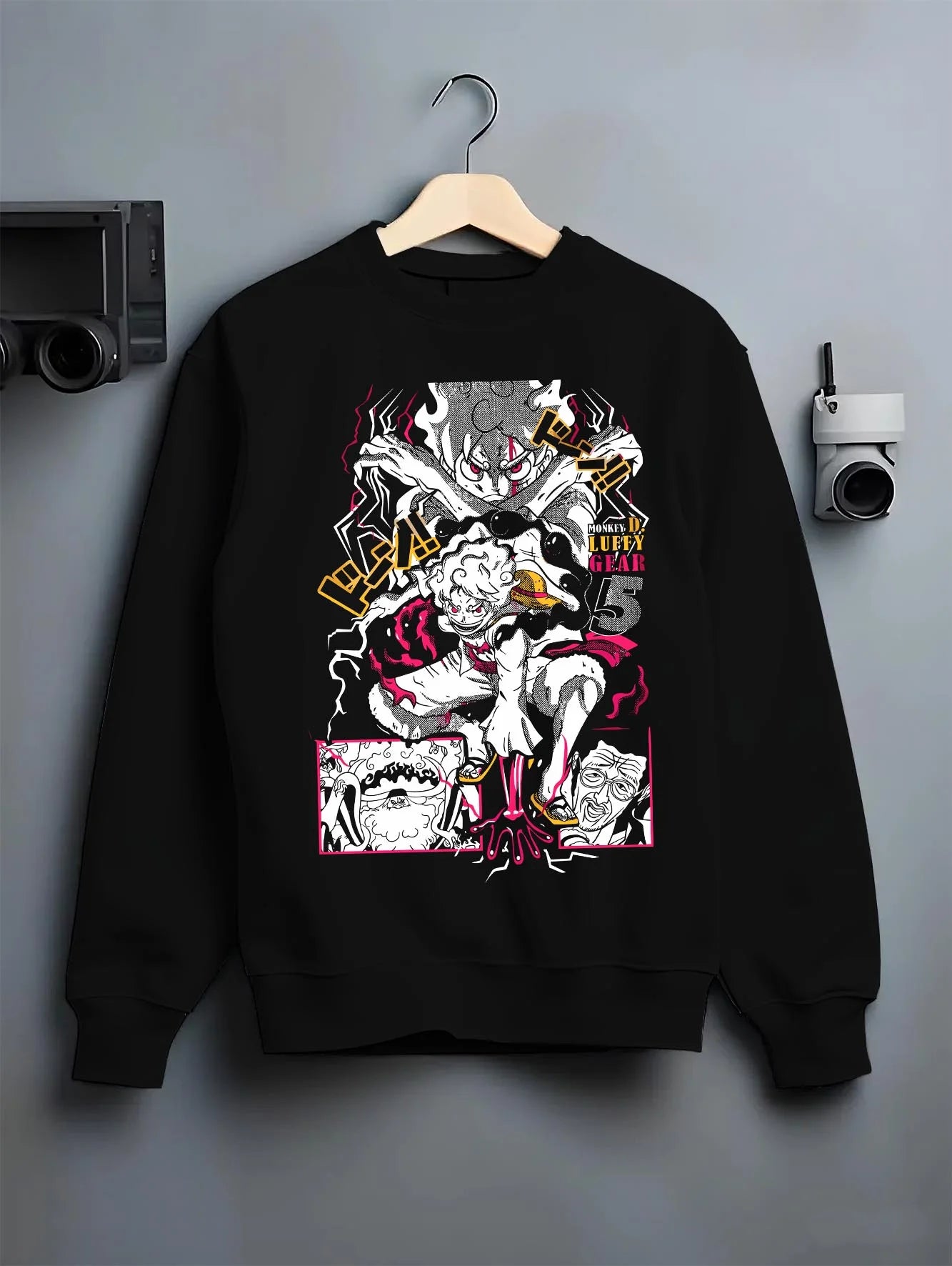 Black crewneck sweatshirt on hanger with One Piece Hoodie Luffy Gear Fifth Water Jumper graphic premium wear.