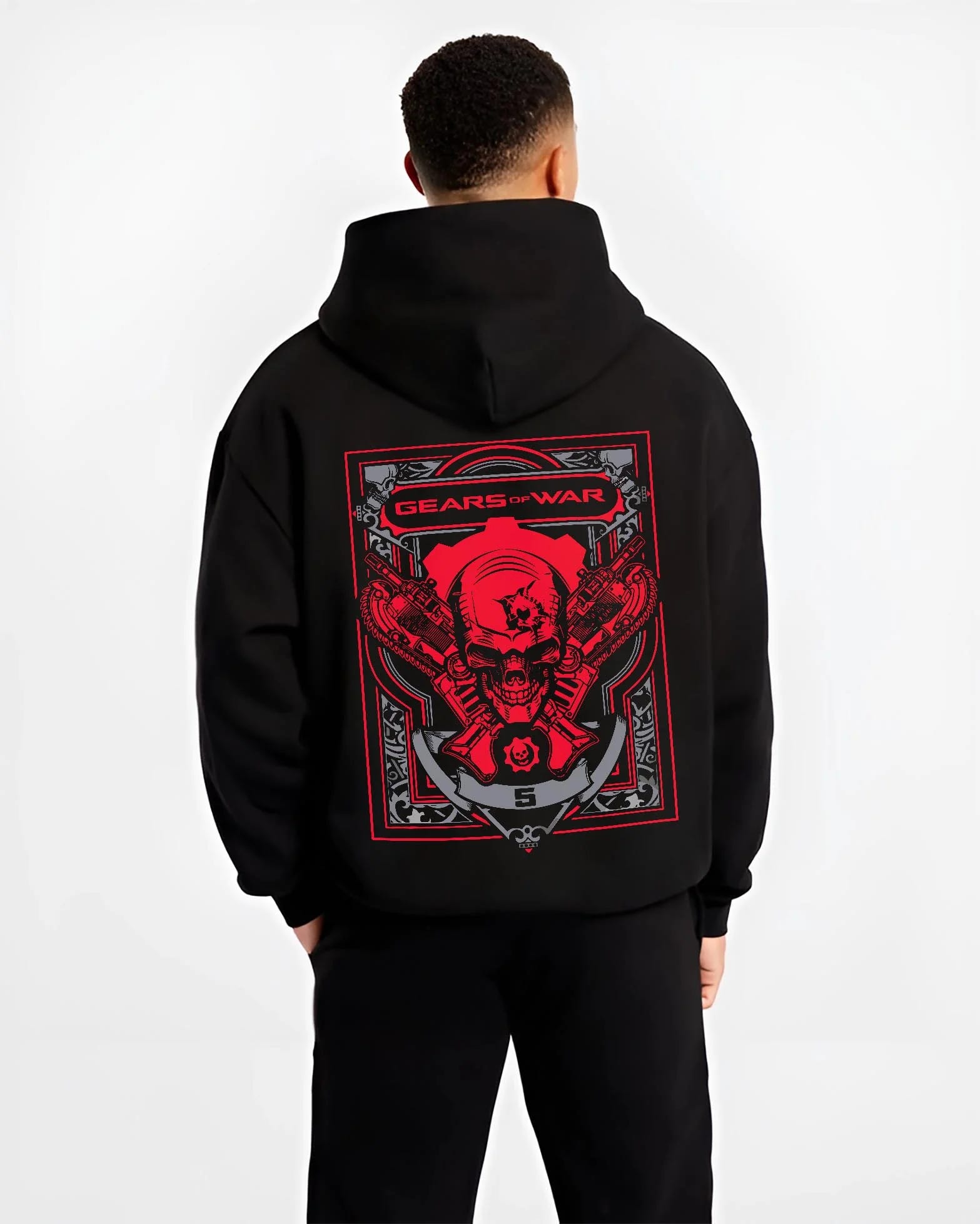 Black hoodie worn by male model, back view with Gears of War Hoodie Marcus Crimson Omen Skull Jumper graphic bold anime graphic.