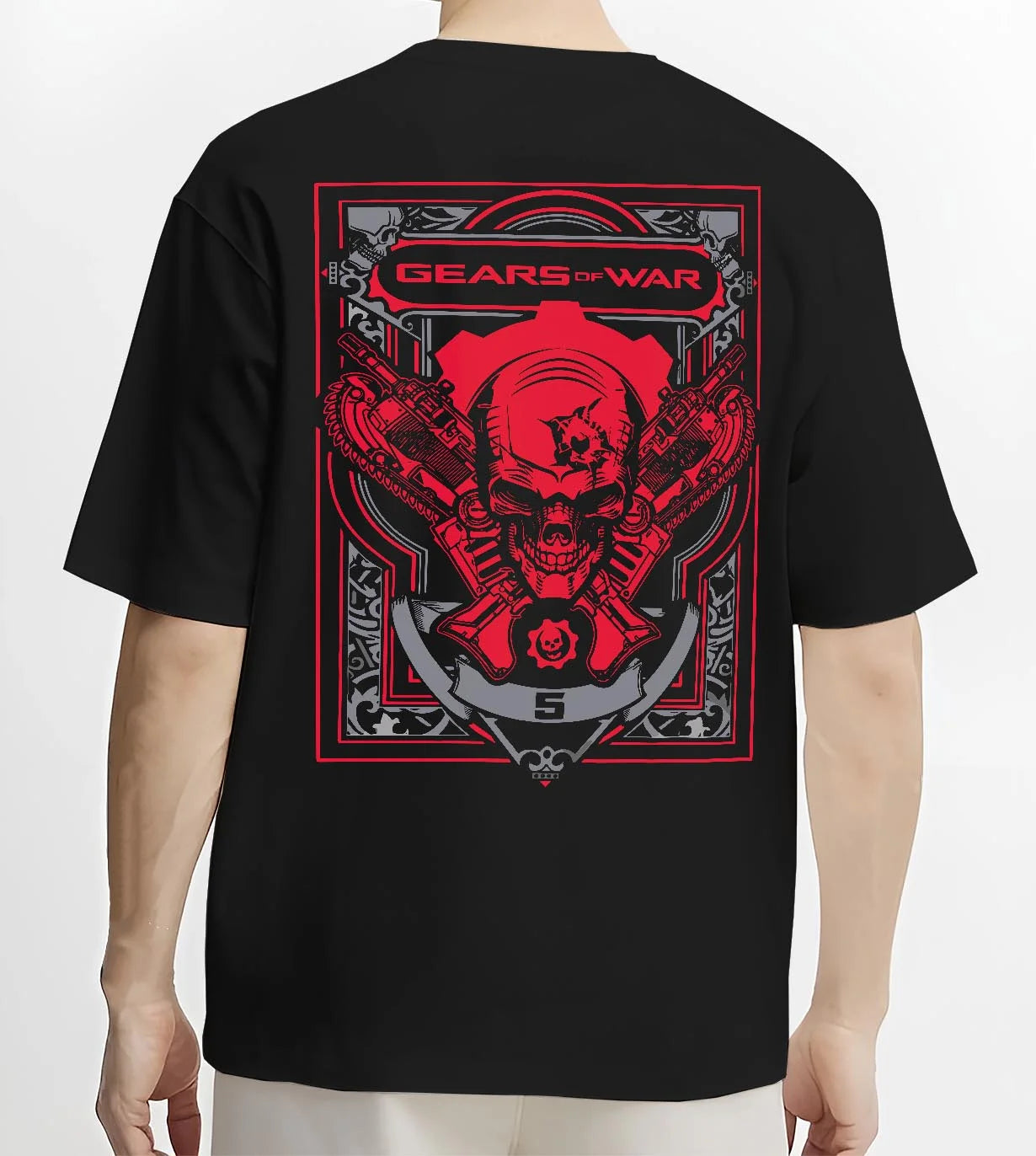 Black T-shirt worn by male model, back view with Gears of War Hoodie Marcus Crimson Omen Skull Jumper graphic streetwear graphic.